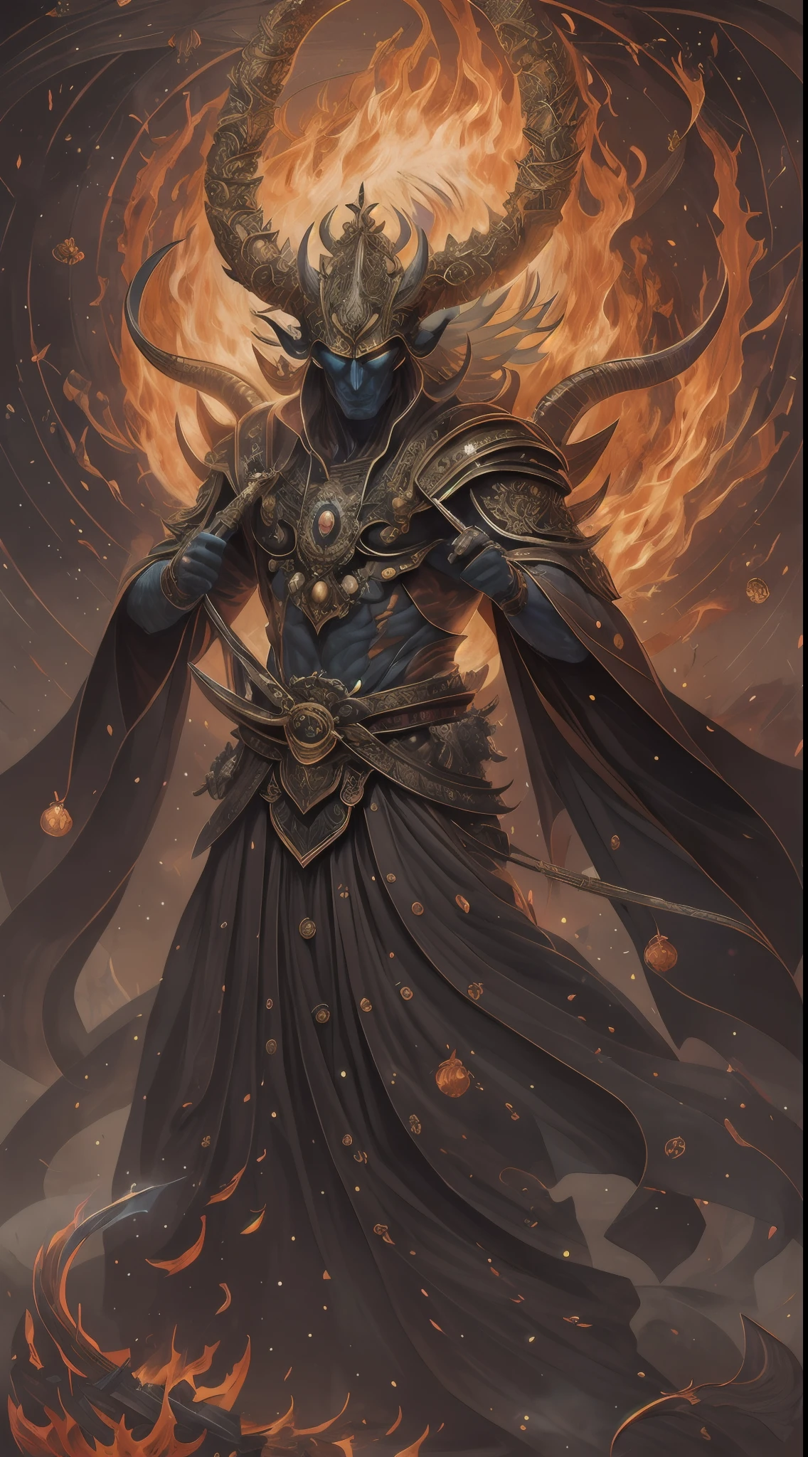 photore，sportrait，God floating on fire[The discovery of wormholes leads to a new world|The cursed prince must marry the Void]，[sci-fy：fanciful：0.6]cinmatic lighting，detailedbackground，at centre，Michael Bay style，insane detailed，k hd，concept-art，number art，with dynamism，（The most beautiful art in the world：1.2），（V0id3nergy：1.3），A man with a sword and a demon，beautiful male god of death，mohrbacher，Inspired by Shunkōsai Hokushu，In the artistic style of Morebach，asura from chinese myth，the god of chaos，Inspired by Ryūkōsai Jokei，Style Peter Molbach