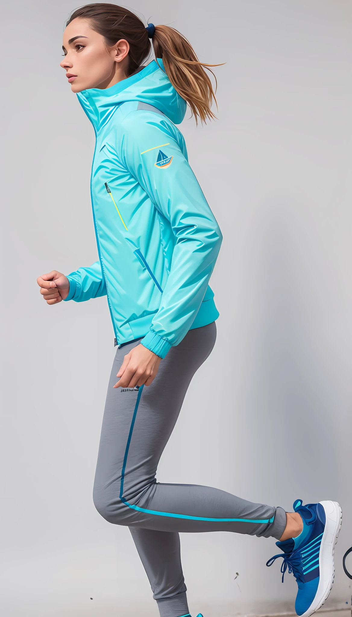 a woman in a blue jacket and running gray pants, jaqueta bomber colorida verde, roupas esportivas, roupas esportivas, with teal clothes, usando equipamento de fitness, roupas esportivas fofas, jaqueta esportiva, fotografia de roupas, usando um capuz azul neon, vestindo terno de atletismo - roupas verdes e brancas, posou no perfil, olhando de lado!, wearing jacket, jaqueta curta, uniforme de teal, Large Estate, Vested Booty, Defined Estate