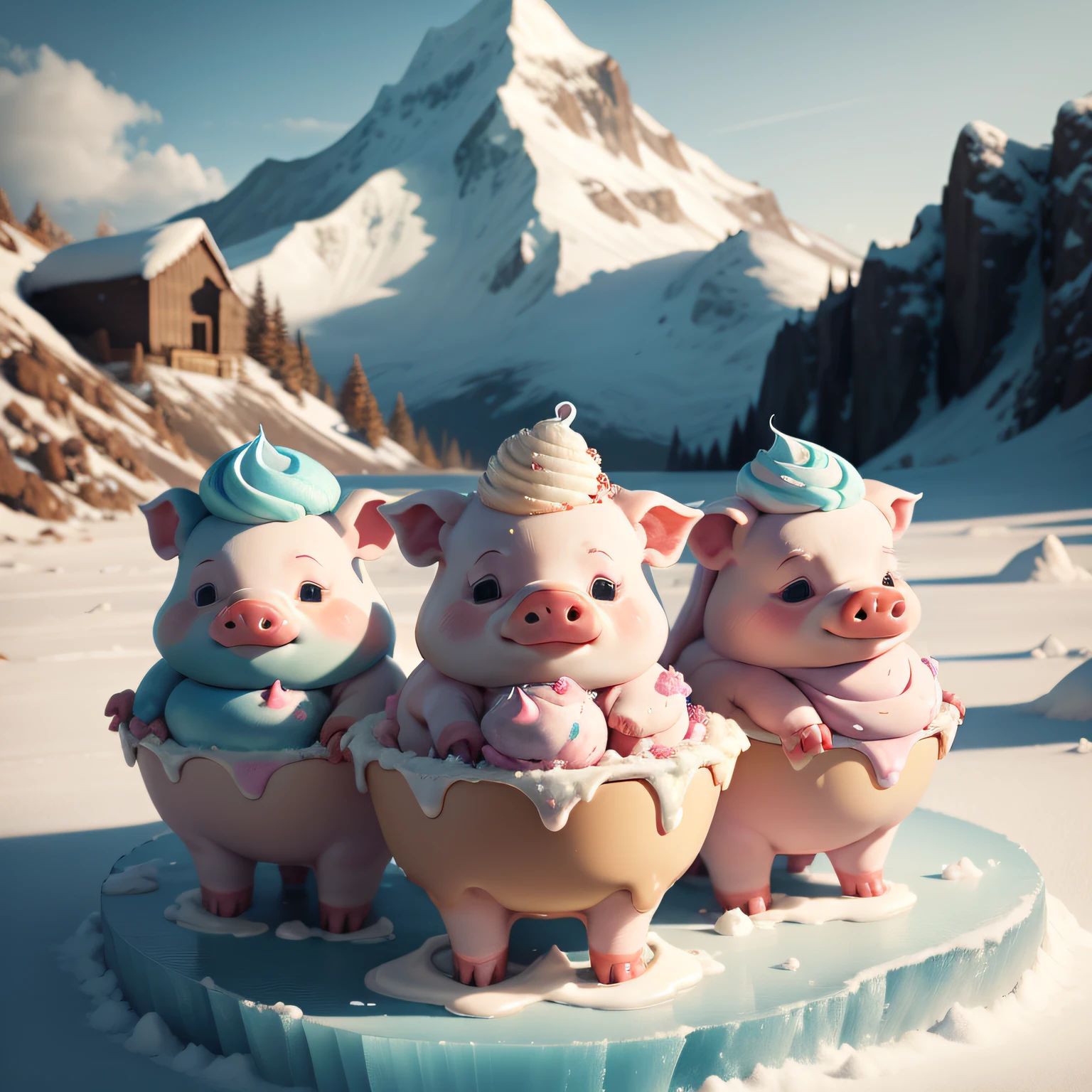 piglets next to a mountain of ice cream with all flavors