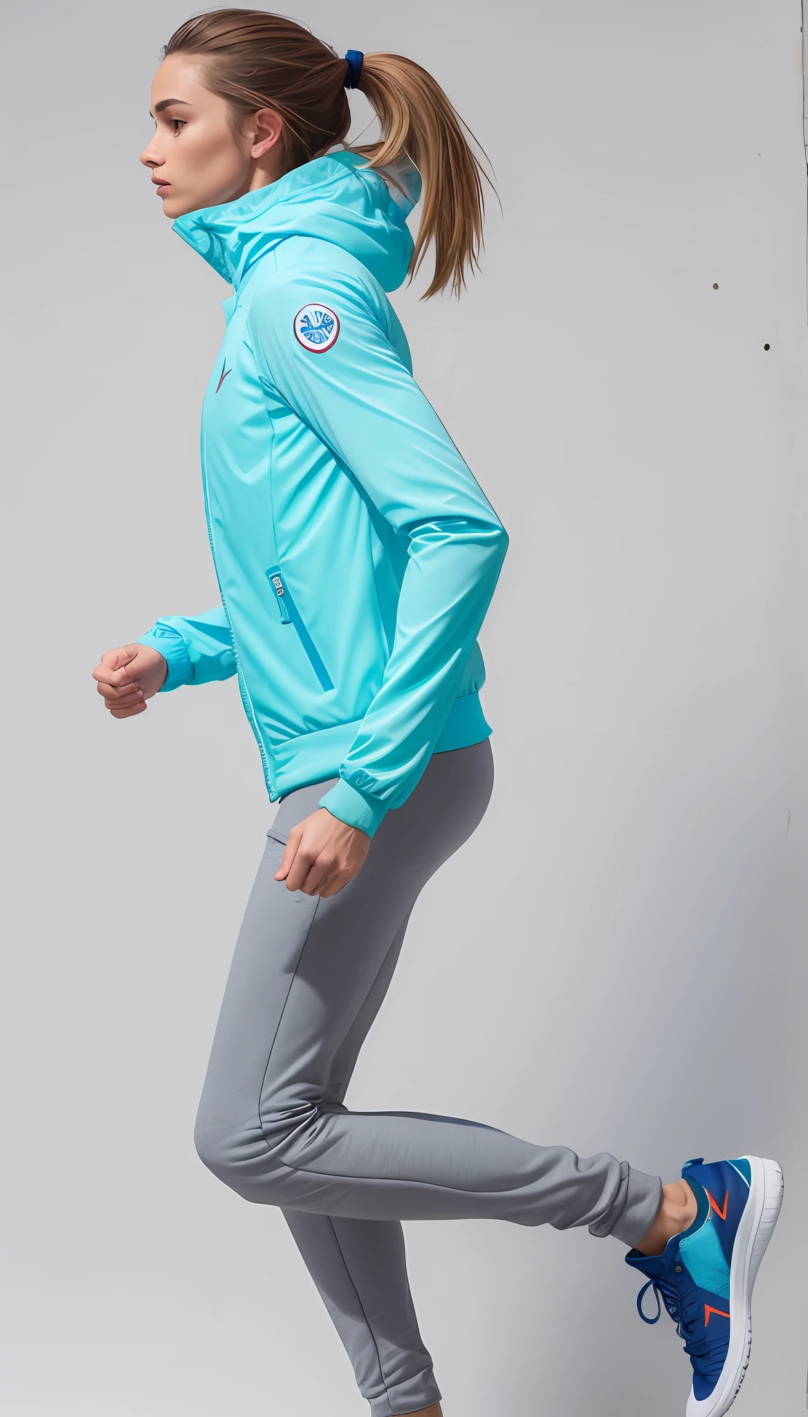 a woman in a blue jacket and running gray pants, jaqueta bomber colorida verde, roupas esportivas, roupas esportivas, with teal clothes, usando equipamento de fitness, roupas esportivas fofas, jaqueta esportiva, fotografia de roupas, usando um capuz azul neon, vestindo terno de atletismo - roupas verdes e brancas, posou no perfil, olhando de lado!, wearing jacket, jaqueta curta, uniforme de teal, Large Estate, Vested Booty, Defined Estate
