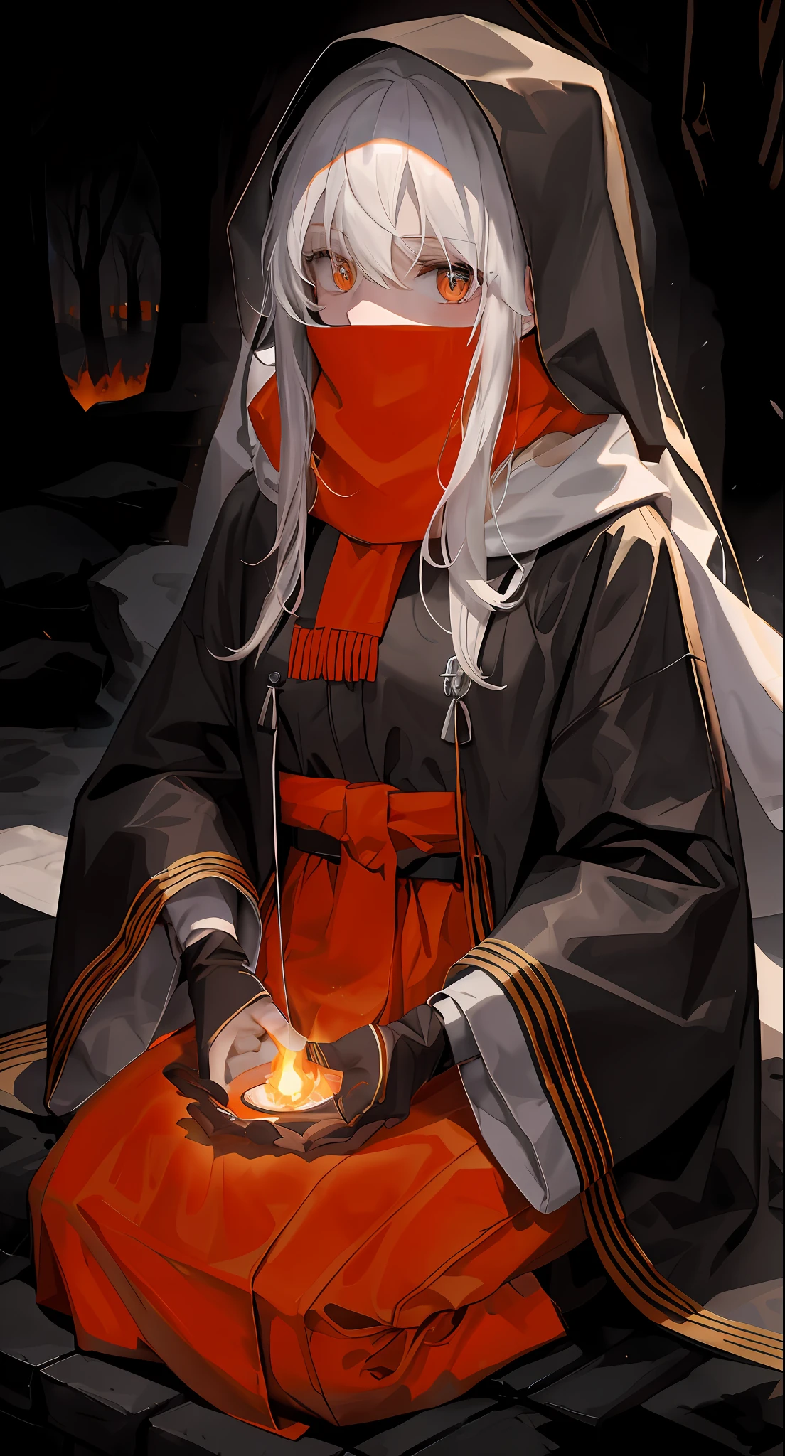 Orange eyes,White color hair,nigth,By the campfire,Lonely,Solitude,be desperate,Dark coat,Wears a black hood,A scarf covers the lower part of the face,A black bandage was wrapped around the hand