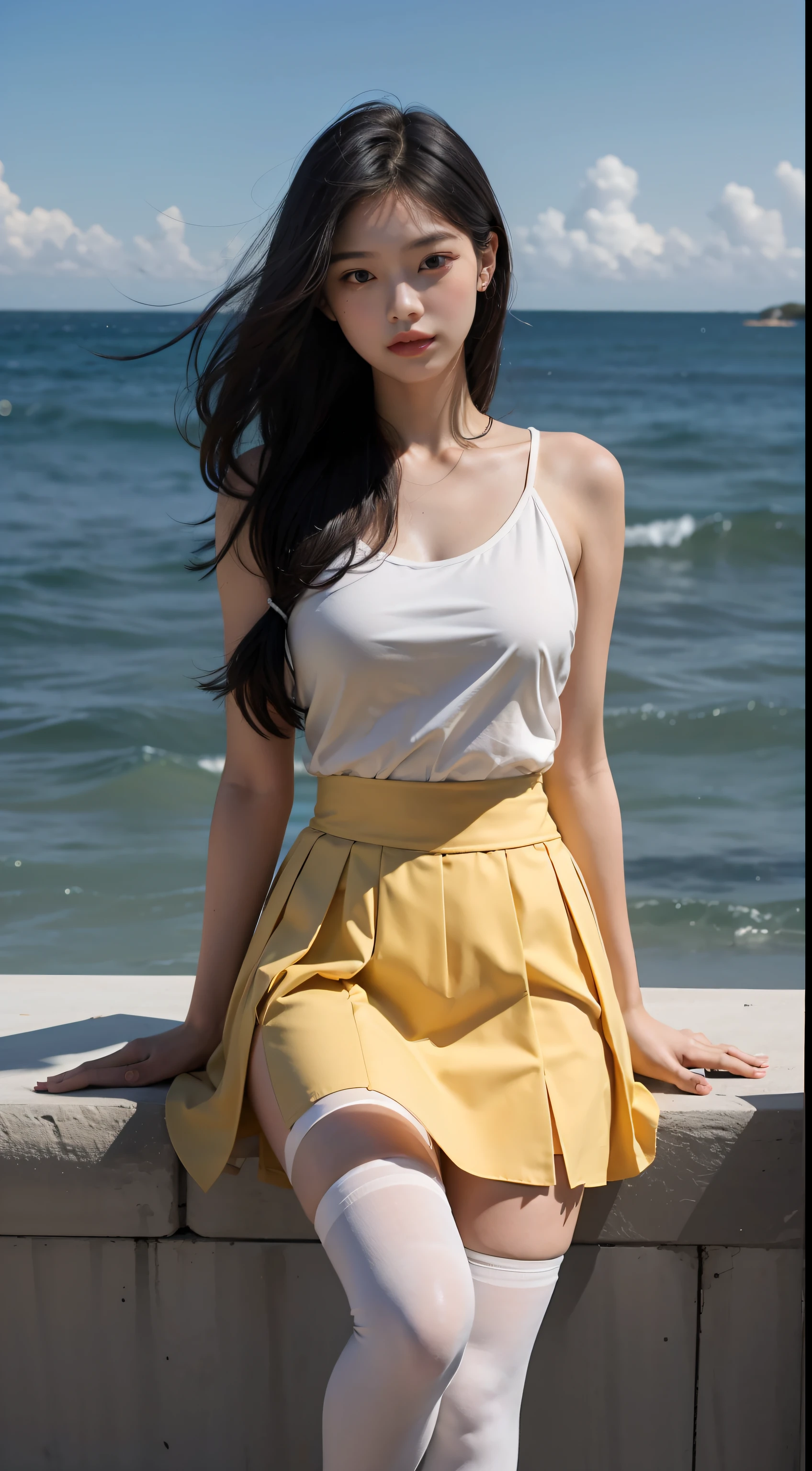 Highest image quality，Outstanding details，超高分辨率，（Fidelity：1.4），The best illustration，Favor the details，Highly cohesive 1girl，He has a delicate and beautiful face，Human real skin texture，Pale yellow top，a skirt，tight-fitting，long whitr hair，The background is by the sea，Legs exposed，black lence stockings，Light and shadow tracking，The body proportions are perfect，sandbeach
