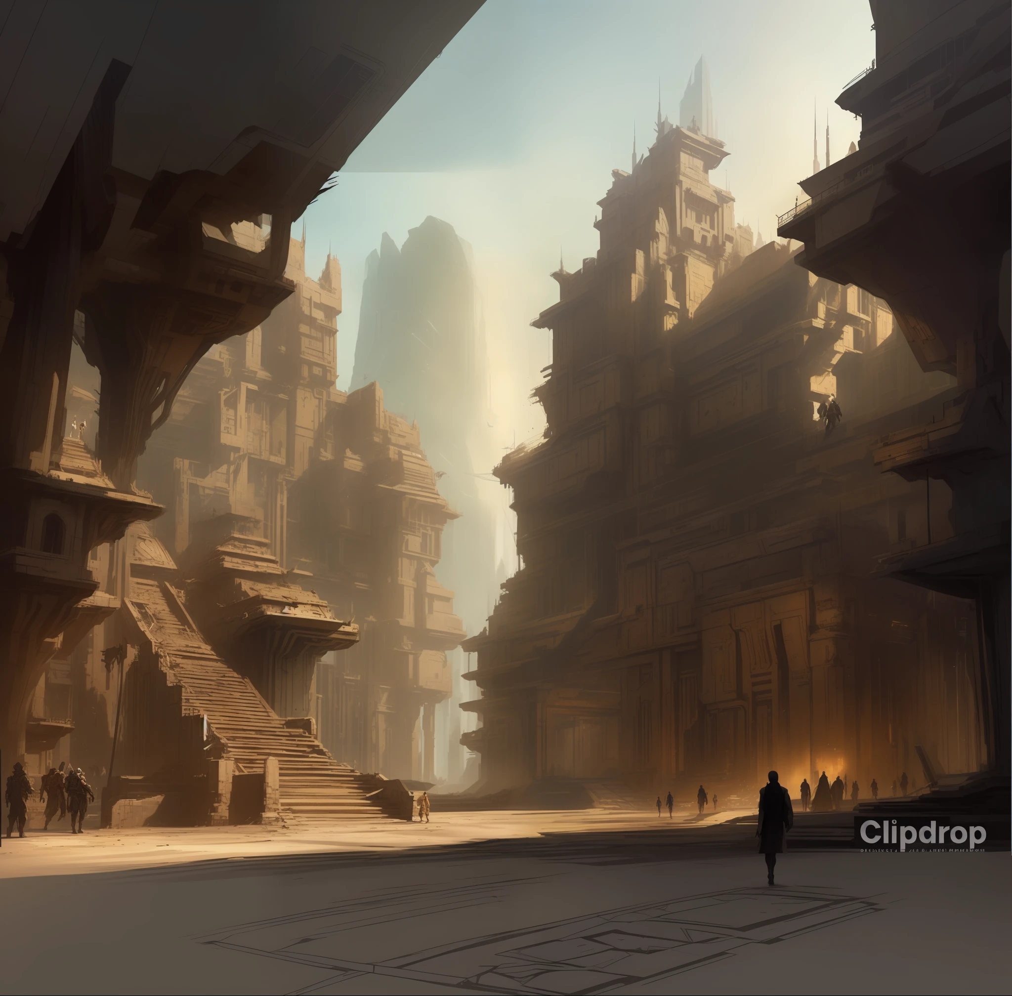 a close up of a person walking through a city with a staircase, highly realistic concept art, stunning concept art, cgsociety concept art, ancient sci - fi city, high quality digital concept art, inspired by James Paick, andreas rocha style, epic digital concept art, stunning sci-fi concept art, huge futuristic temple city, beautiful 3 d concept art