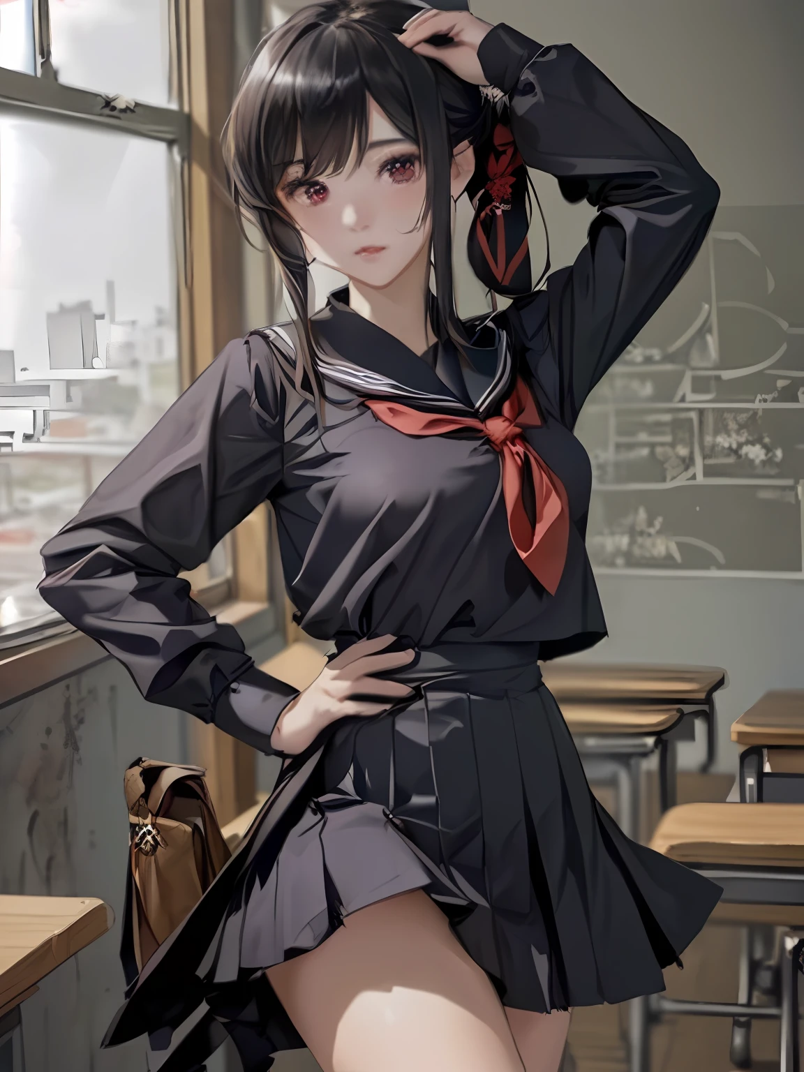 A detailed illustration、(Professional Lighting)、Classroom、a sailor suit、a black skirt、Angry face、Skirt flipping in the wind、Red panties、Detailed panties、cowboy shot、8K,masterpiece, Medium、(1girl in)、Red_Eyes、Black hair、Long hair、、(shinny skin:1.2)、 ((top-quality))、 Highly detailed facial and skin texture、A detailed eye、face perfect、perfect bodies、20yr old,Mature cool and beautiful face