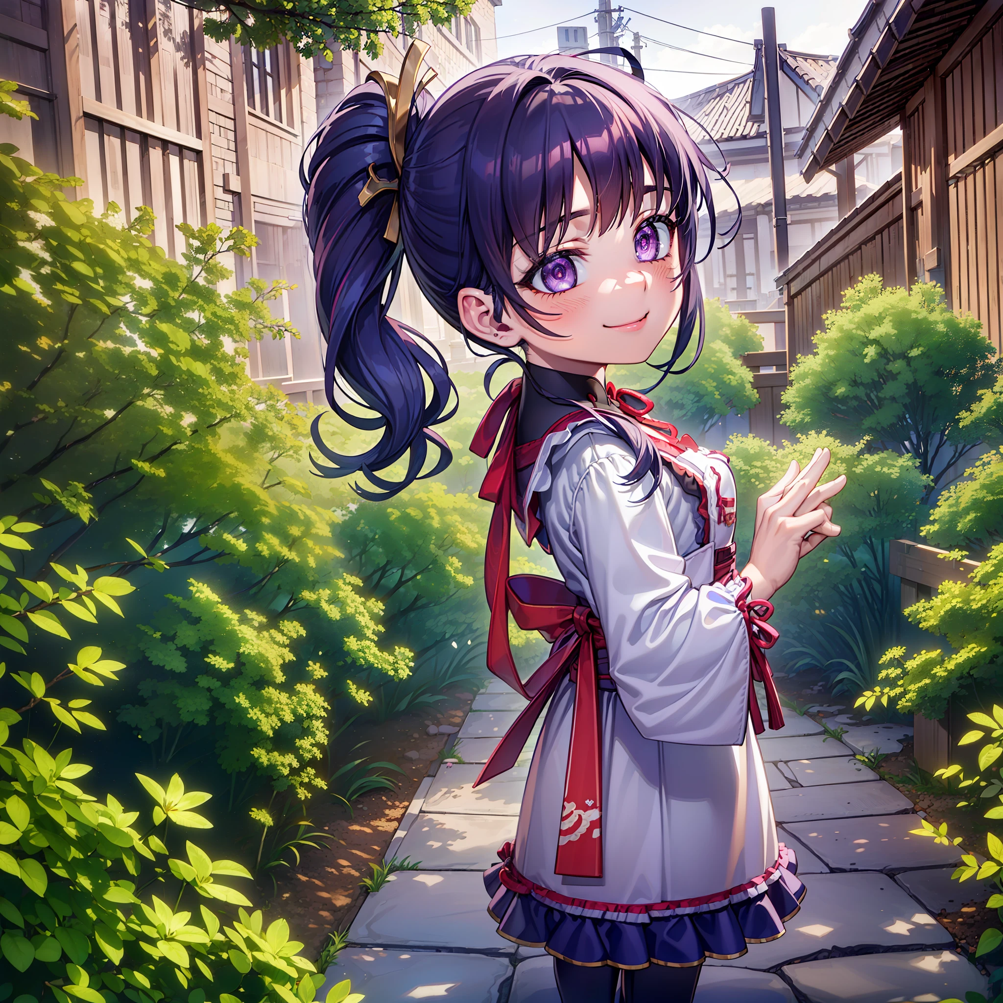 (child body:1.3), Raiden Shogun \(genshin impact\), looking at viewer, purple hair, pink pupils, (masterpiece, best quality:1.2), (solo), (1girl), best quality, (photorealistic:1.4),ultra detailed, solo, (full body:1.5), standing, love in eyes, double ponytail, blushing, cute, smile, apron outfit, long sleeves, miniskirt