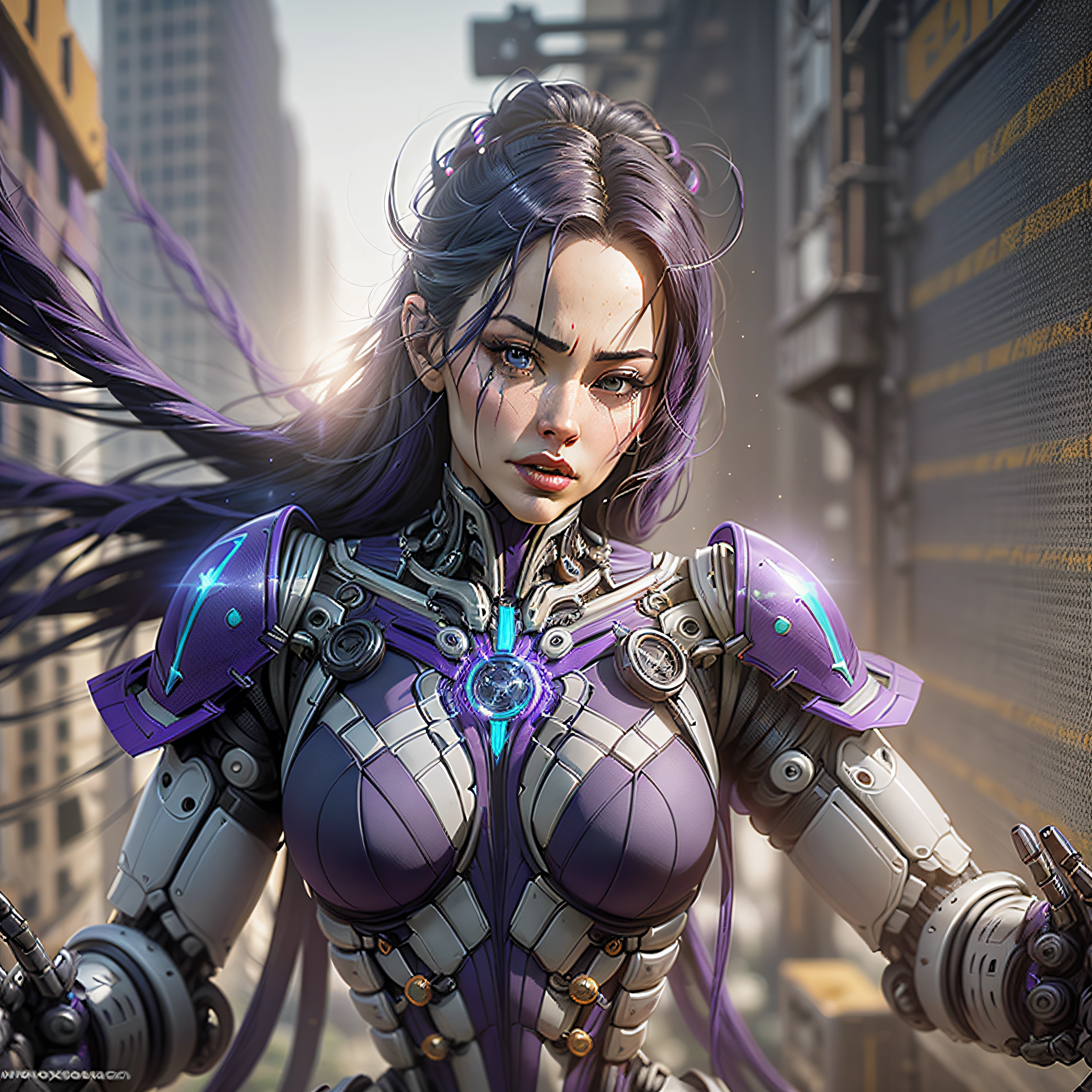 (((Psylocke from Marvel))) photography, (((purple biomechanical))), (((complex purple robot))), full growth, hyper-realistic, insane small details, extremely clean lines, cyberpunk aesthetic, masterpiece featured on Zbrush Central