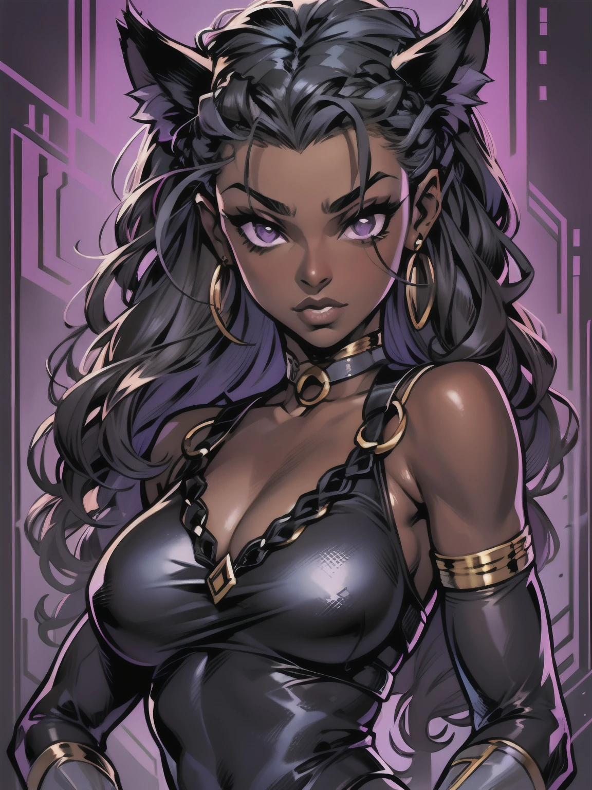 Masterpiece, Excellent, 1girl, solo, complex details, color diffusion, comic book, anime, marvel, DC, catgirl, dark skin, ebony, brown skin, dark-skinned female, thighs, cat ears, dark hair, black hair, braids, dreadlocks, braided hair, purple eyes, skimpy attire, epic attire, assassin, badass, deadly but sexy, trending, demon, goddess, Super Villain