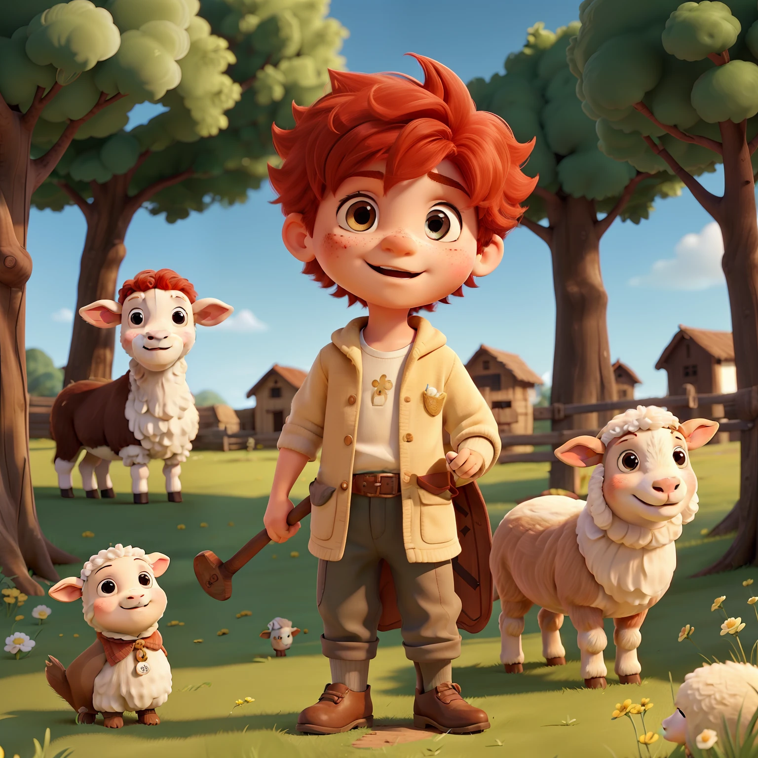 The character I'm going to create to illustrate the book is a red-haired boy with freckles, and he's a shepherd of sheep. Ele se chama Davi e mora e cuida das ovelhas no campo. David tem cabelos ruivos cacheados e muitas sardas no rosto, o que o torna muito fofo. Ele usa roupas estilo as de Jesus. He is brave and loves to take care of his sheep. Always with a wooden staff in his hand and a cheerful expression on his face, David passeia pelos campos verdes, singing lullabies to soothe your sheep. He's a lovely character who teaches kids about care and responsibility. Desenho estilo aquarela.