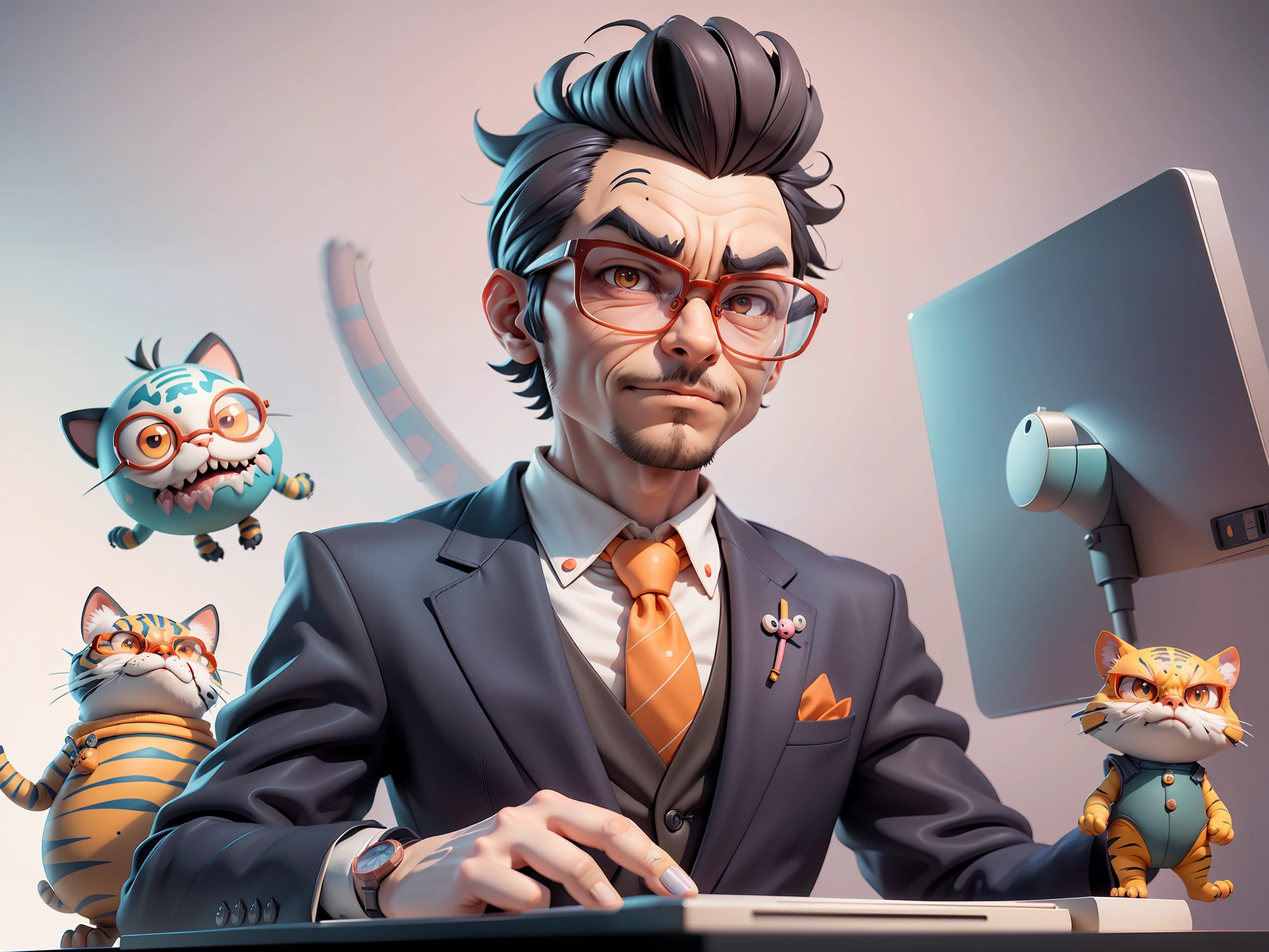 A young man in a suit, Short hair and glasses sat at his desk,holding laptop,digitial painting,tigre,3D character design by Mark Clairen and Pixar and Hayao Miyazaki and Akira Toriyama,4K HD illustration,Very detailed facial features and cartoon-style visuals。