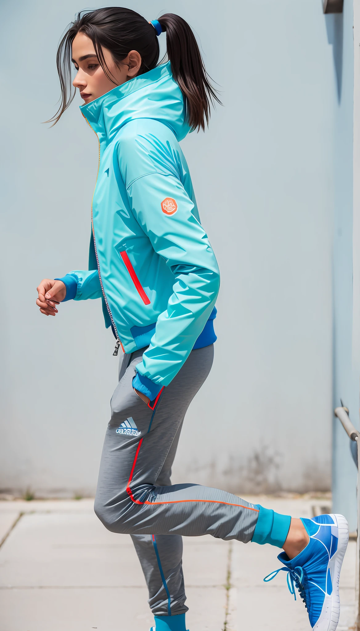 uma mulher, Great Heritage, Invested Estate, Heritage set in a blue jacket and running gray pants, jaqueta bomber colorida verde, roupas esportivas, roupas esportivas, with teal clothes, usando equipamento de fitness, roupas esportivas fofas, jaqueta esportiva, fotografia de roupas, usando um capuz azul neon, vestindo terno de atletismo - roupas verdes e brancas, posou no perfil, olhando de lado!, wearing jacket, jaqueta curta, Uniforme Teal
