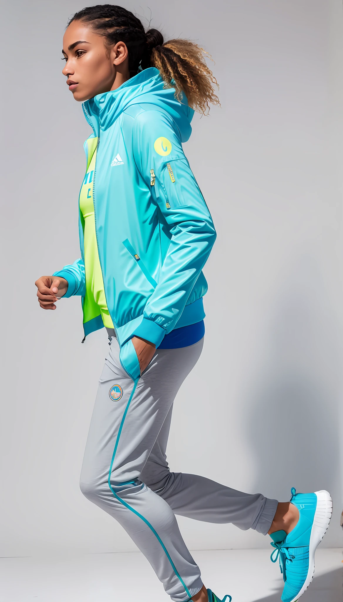 uma mulher, Great Heritage, Invested Estate, Heritage set in a blue jacket and running gray pants, jaqueta bomber colorida verde, roupas esportivas, roupas esportivas, with teal clothes, usando equipamento de fitness, roupas esportivas fofas, jaqueta esportiva, fotografia de roupas, usando um capuz azul neon, vestindo terno de atletismo - roupas verdes e brancas, posou no perfil, olhando de lado!, wearing jacket, jaqueta curta, Uniforme Teal