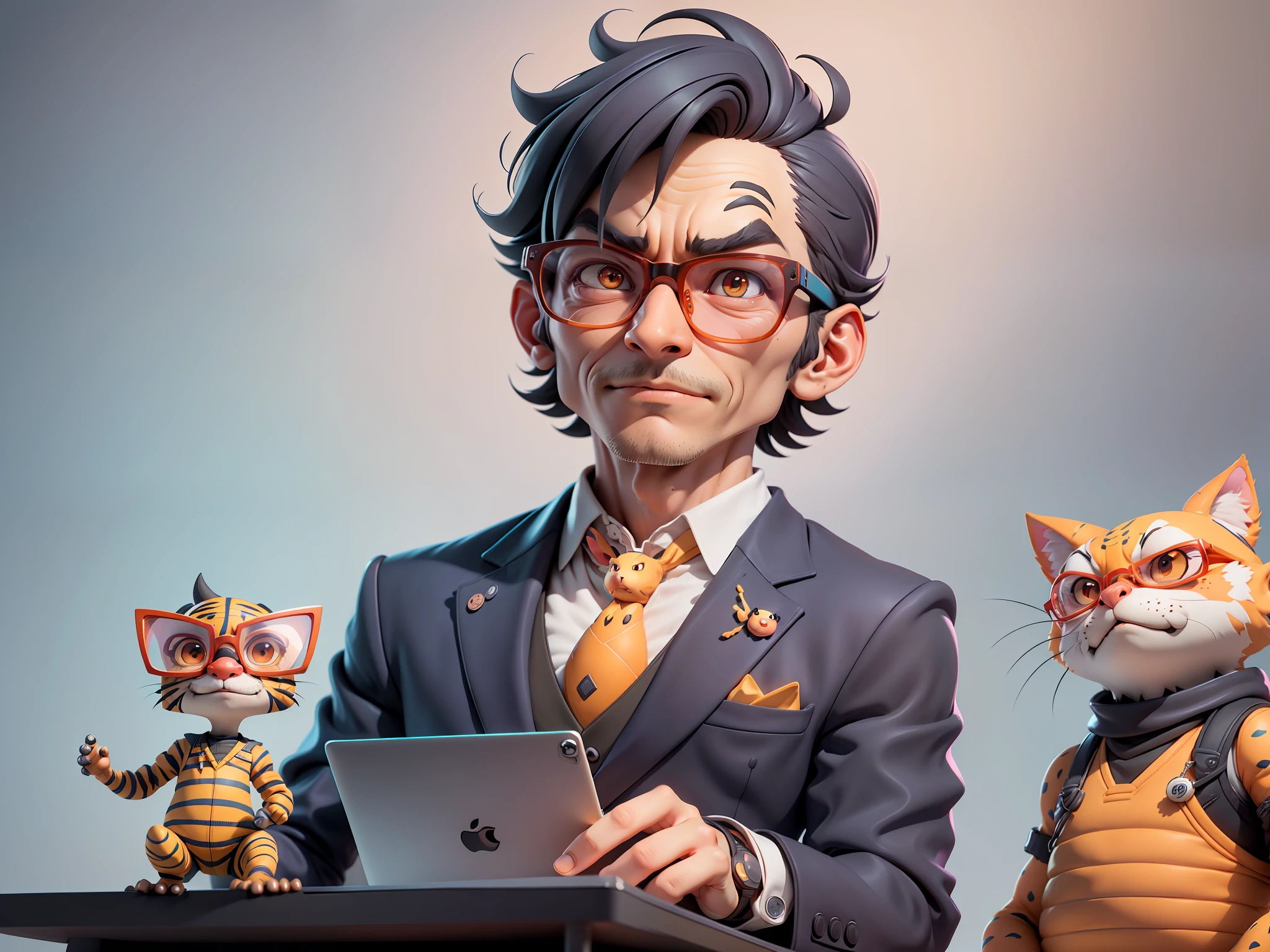 A young man in a suit, Short hair and glasses sat at his desk，holding laptop，digitial painting，tigre，3D character design by Mark Clairen and Pixar and Hayao Miyazaki and Akira Toriyama，4K HD illustration，Very detailed facial features and cartoon-style visuals。