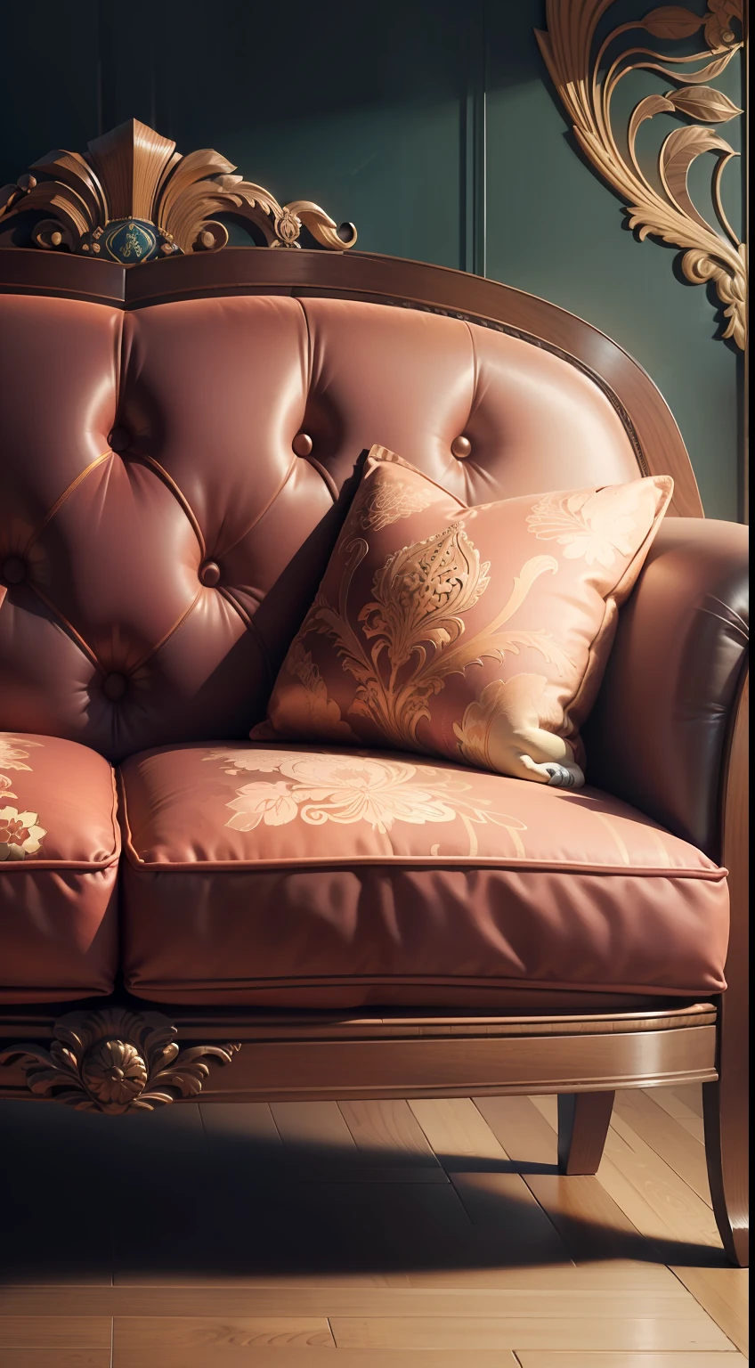 Create a persuasive sales pitch for the art nouveau sofa, emphasizing its unique combination of carved wood, animal motifs, and velvet upholstery inspired by the elegance of floral art deco tiles.