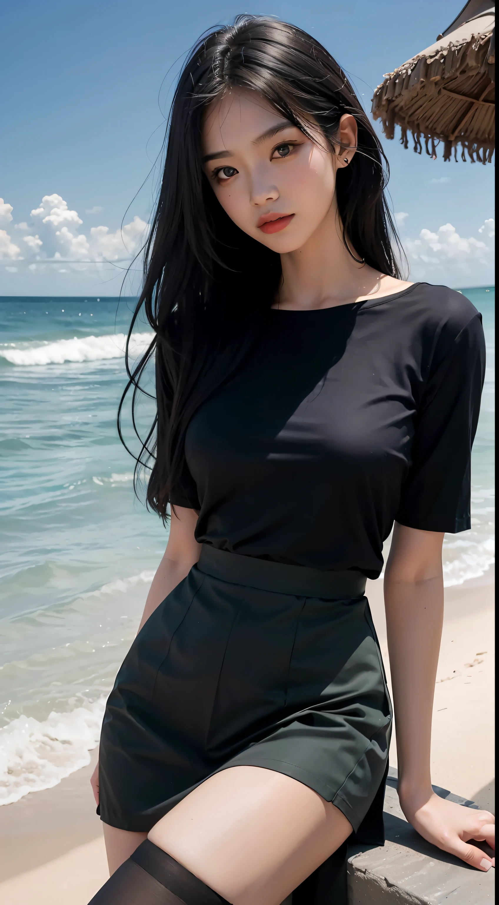 Highest image quality，Outstanding details，超高分辨率，（Fidelity：1.4），The best illustration，Favor the details，Highly cohesive 1girl，He has a delicate and beautiful face，Human real skin texture，Loose T-shirt top，Long skirt skirt，tight-fitting，long whitr hair，The background is by the sea，Legs exposed，black lence stockings，Light and shadow tracking，The body proportions are perfect，sandbeach，Loose clothing，