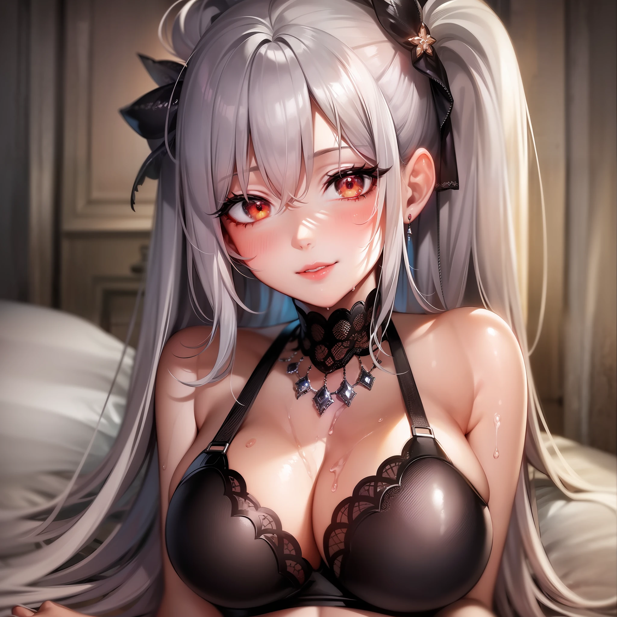 1girl, nighttime, bedroom,close lip, smirk look, ruby eyes, long silver hair, red lipstick, glossy wet and oily skin, black undergarments, exposed cleavage, bare large soft breast