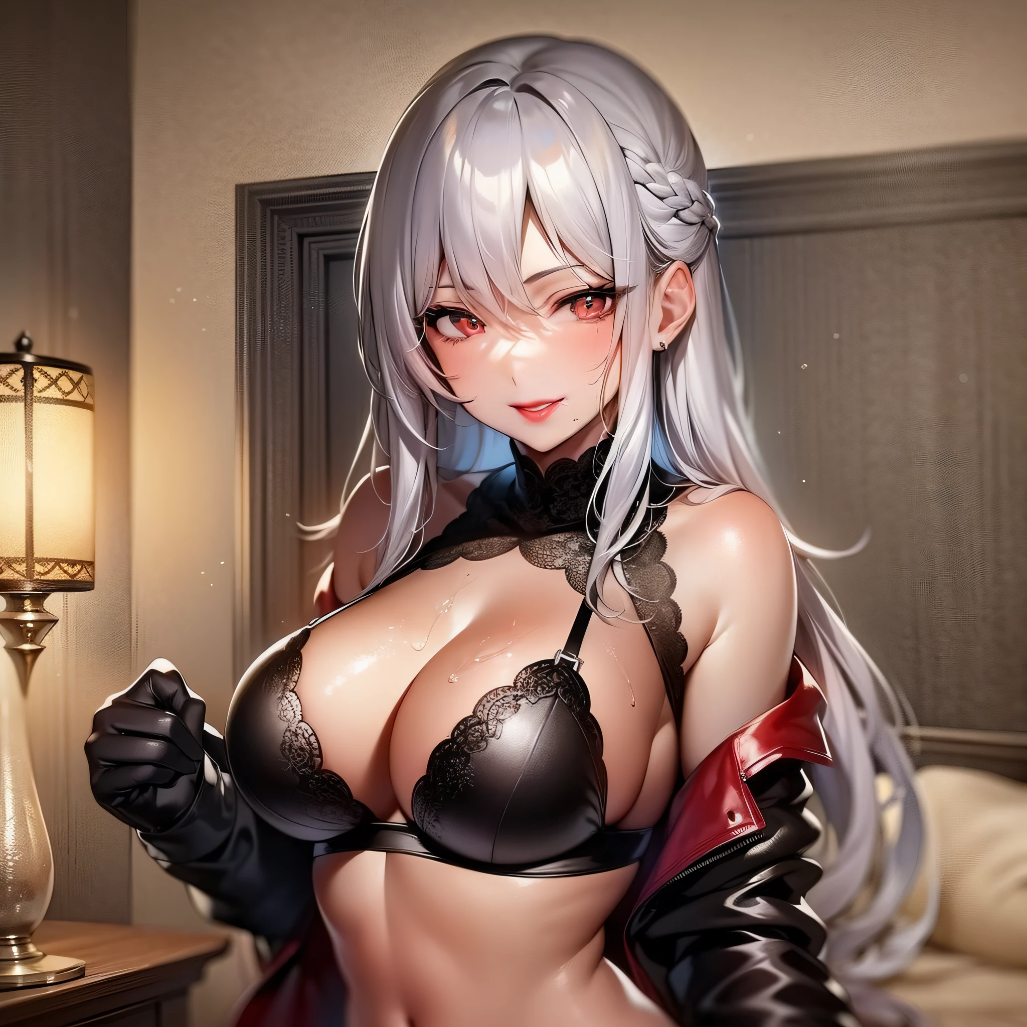 1girl, nighttime, bedroom,close lip, smirk look, ruby eyes, long silver hair, red lipstick, glossy wet and oily skin, black undergarments, exposed cleavage, bare large soft breast