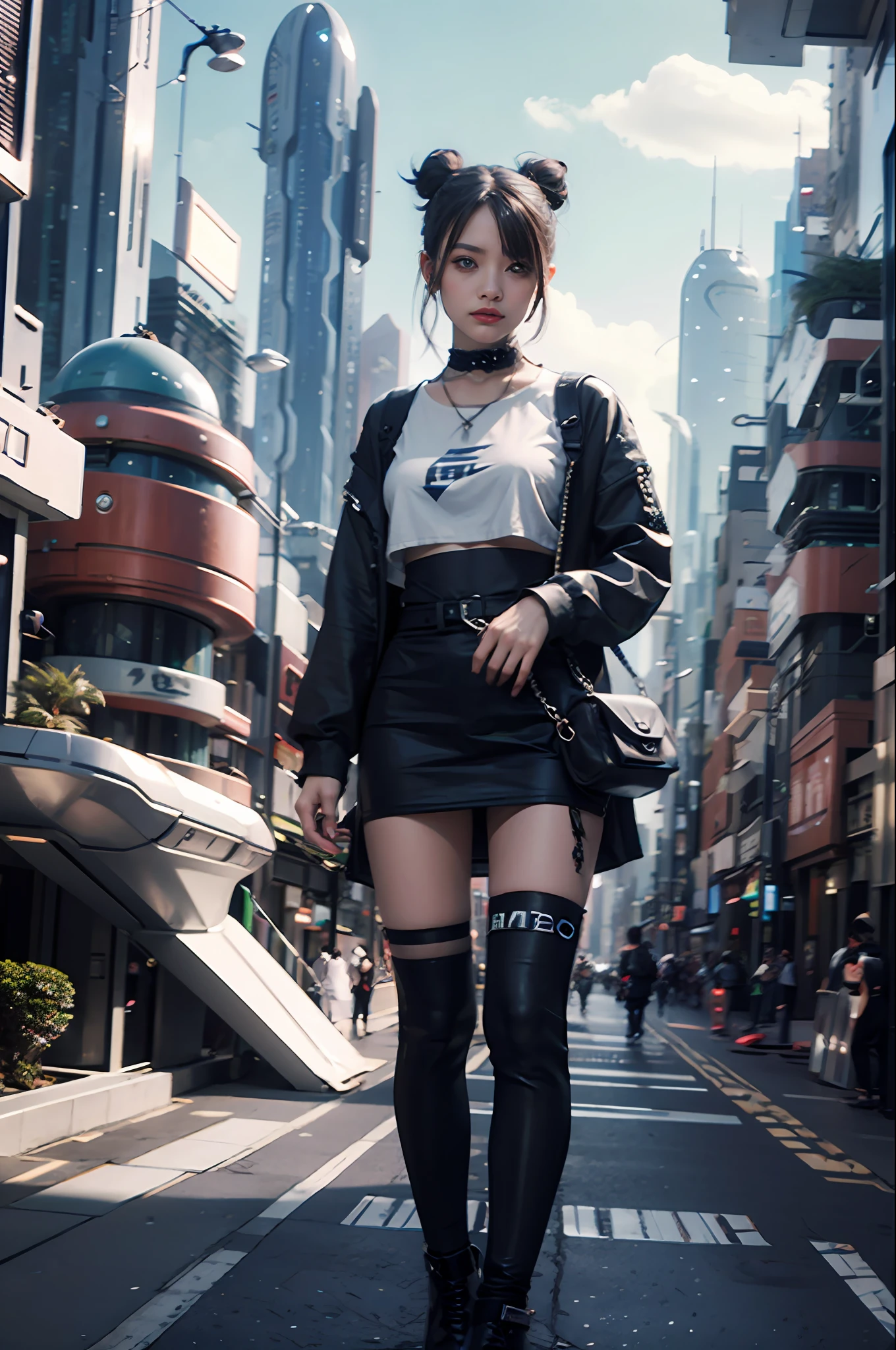 masterpiece, best quality, 1 cyberpunk girl wearing Harajuku-inspired cyberpunk outfit, standing in street, bold colors and patterns, eye-catching accessories, trendy and innovative hairstyle, dazzling Cyberpunk cityscape, skyscrapers, neon signs, LED lights, bright and vivid color scheme, anime, illustration, detailed skin texture, detailed cloth texture, beautiful detailed face, intricate details, ultra detailed, cinematic lighting, dark shadows.