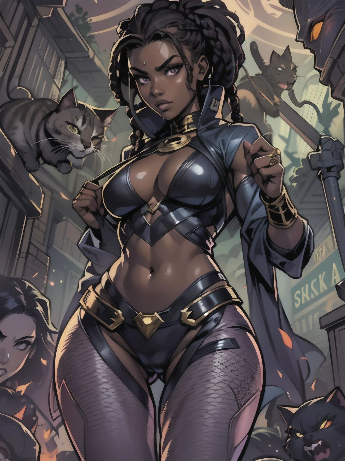 Masterpiece, Excellent, 1girl, solo, complex details, color diffusion, comic book, anime, marvel, DC, catgirl, dark skin, ebony, brown skin, dark-skinned female, thighs, cat ears, dark hair, black hair, braids, dreadlocks, braided hair, purple eyes, skimpy attire, epic attire, assassin, badass, deadly but sexy, trending, demon, goddess, Super Villain