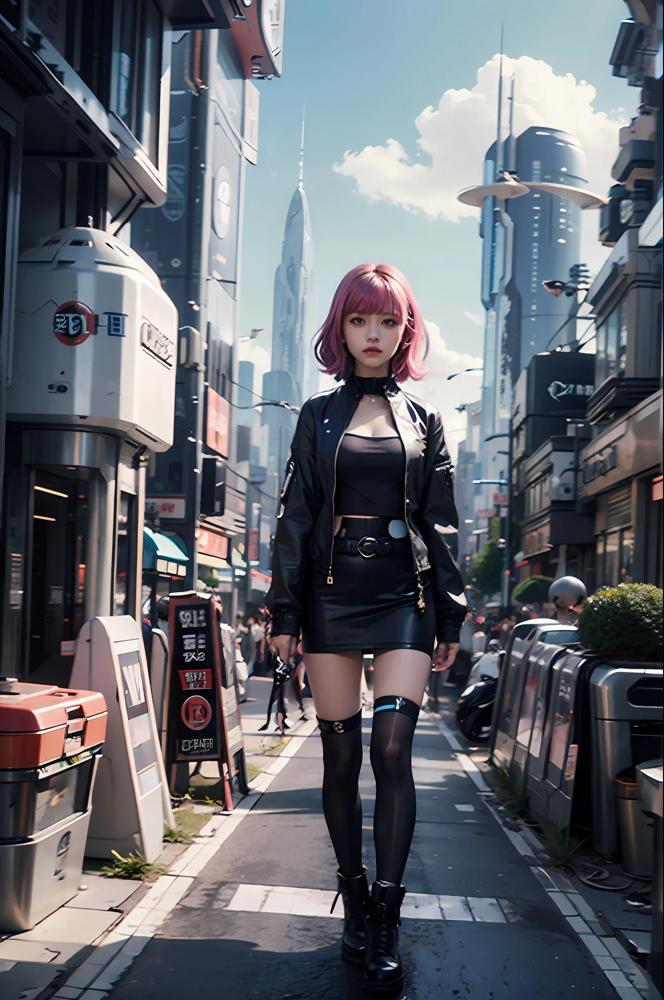 masterpiece, best quality, 1 cyberpunk girl wearing Harajuku-inspired cyberpunk outfit, standing in street, bold colors and patterns, eye-catching accessories, trendy and innovative hairstyle, dazzling Cyberpunk cityscape, skyscrapers, neon signs, LED lights, bright and vivid color scheme, anime, illustration, detailed skin texture, detailed cloth texture, beautiful detailed face, intricate details, ultra detailed, cinematic lighting, dark shadows.