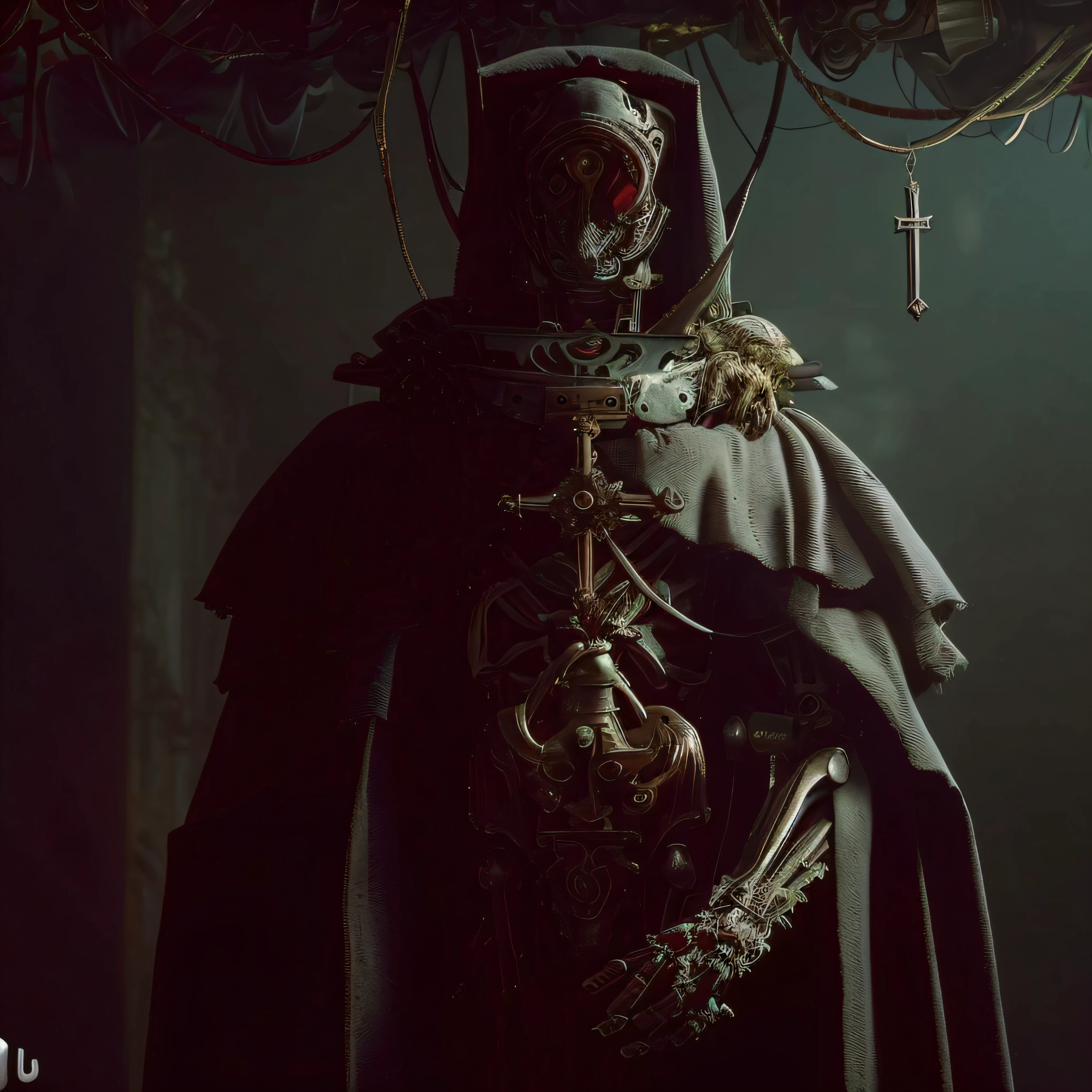 imagem arafed de um robo metalico em um traje velho sujo rustico com um capuz e um crucifixo pendurado no peito dentro de uma cripta escura, Retrato de um necromante sagrado, arte conceitual escura fotorrealista, portrait of a bloodborne hunter, Retrato do velho necromante, CGSetivity 8K, CGSetalidade 8K, estilo fantasia 8 k octane render, CGSetivity 8K