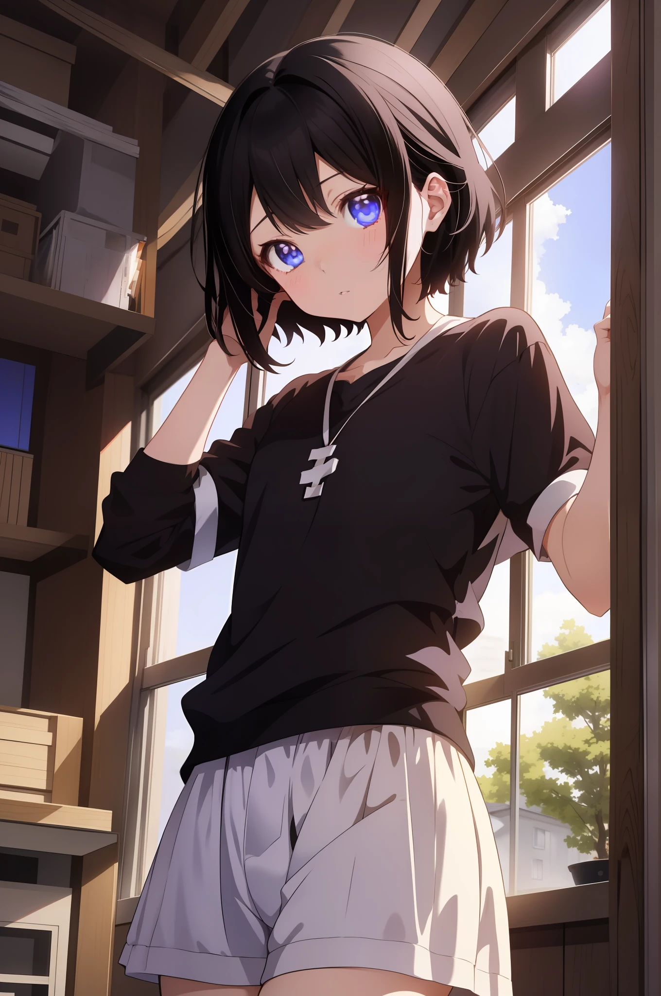 Anime girl with black hair and blue eyes standing in front of the window, anime moe art style, anime visual of a cute girl, style of anime4 K, Guviz-style artwork, up of young anime girl, 4k manga wallpapers, 4K anime wallpaper, Cute anime girl, Anime art wallpaper 8 K, An anime girl, Casual pose