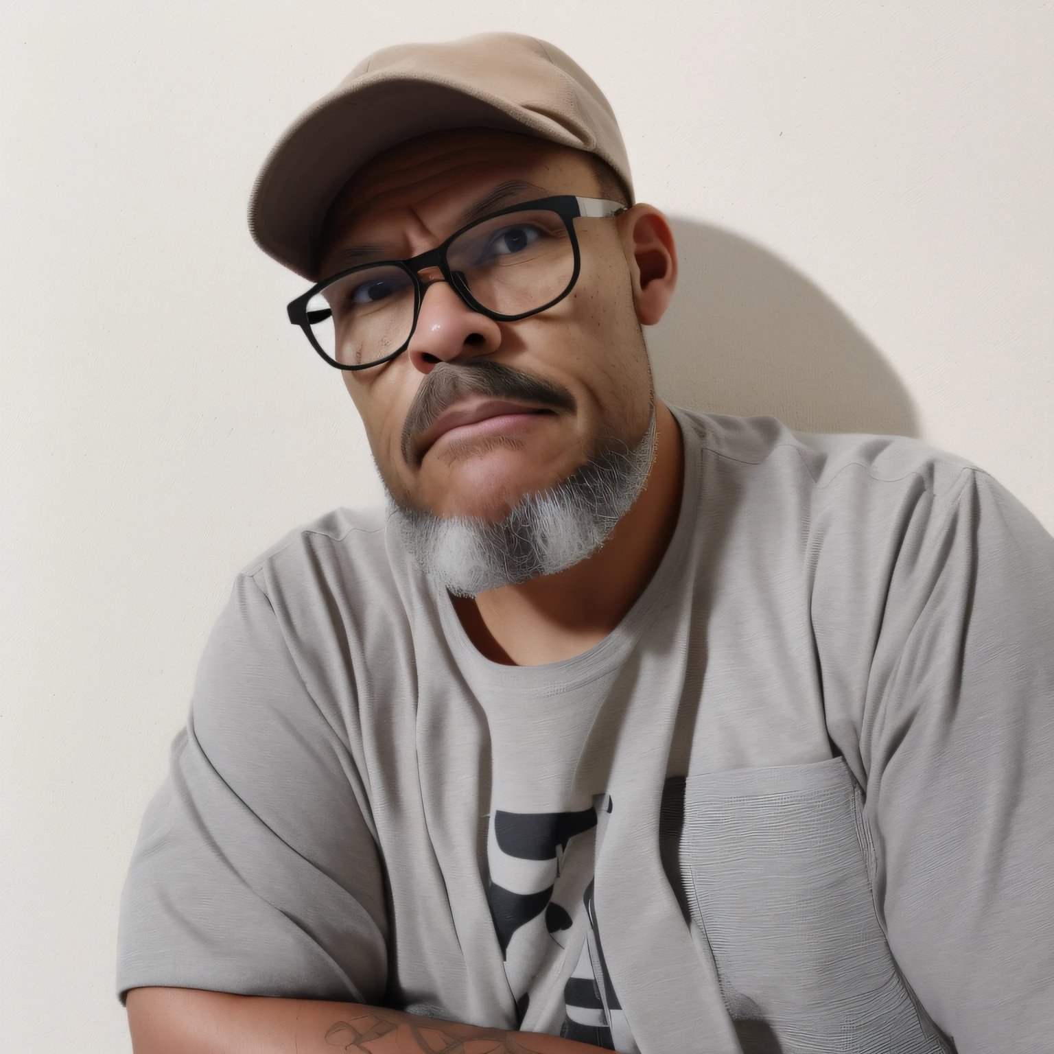 portrait of a man, slight smile, vintage cap, glasses, (((detailed skin face))), expression wrinkles, (lumberjack style and long gray beard: 1.5), (gray hair: 1.5), raw beige leather jacket, white T-shirt without print, stiff countenance. Ultra detailed scene, dslr camera with 50mm Lens, soft studio lighting, ((vignette))