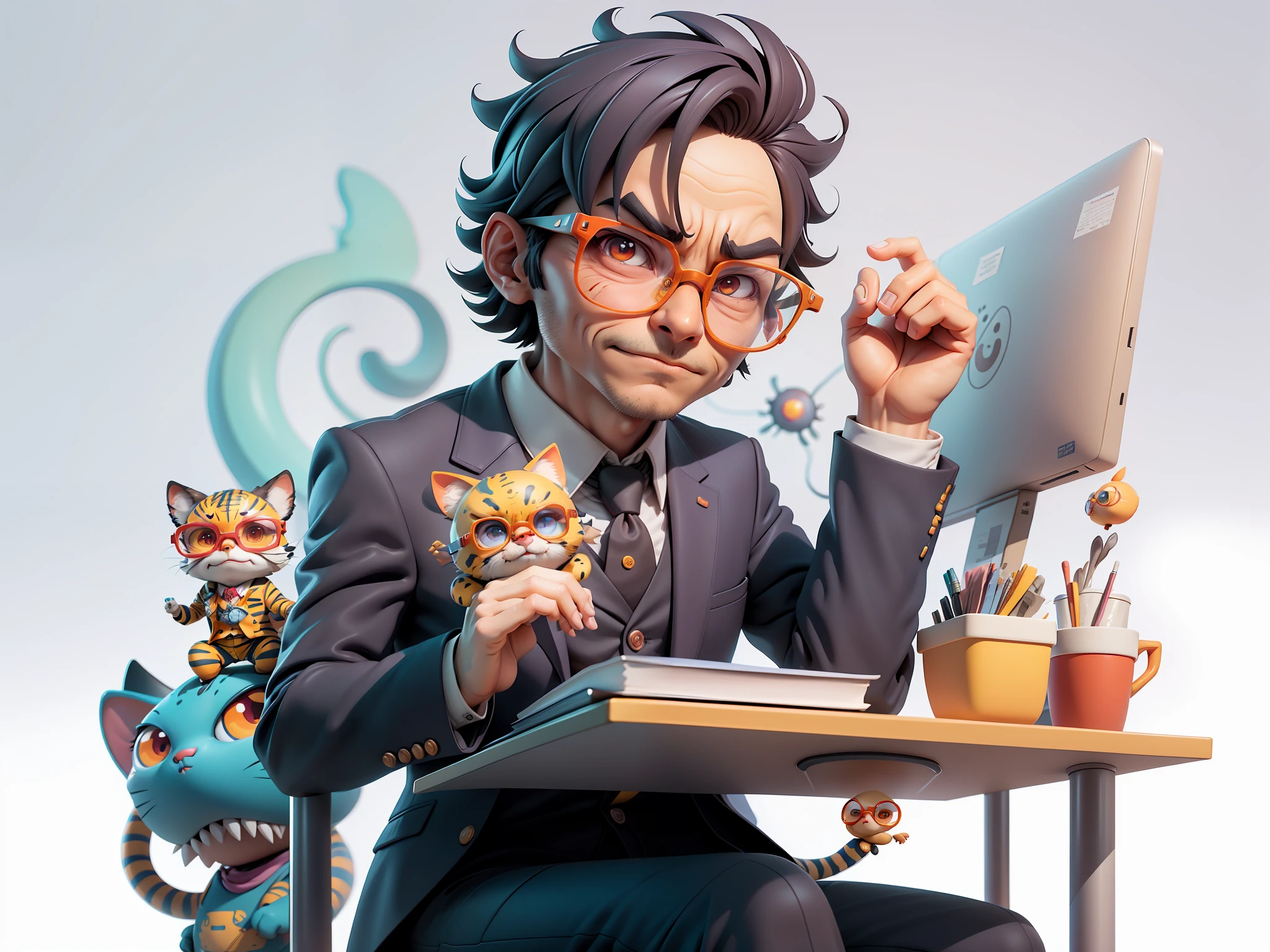 A young man in a suit, Short hair and glasses sat at his desk,holding laptop,digitial painting,tigre,3D character design by Mark Clairen and Pixar and Hayao Miyazaki and Akira Toriyama,4K HD illustration,Very detailed facial features and cartoon-style visuals。