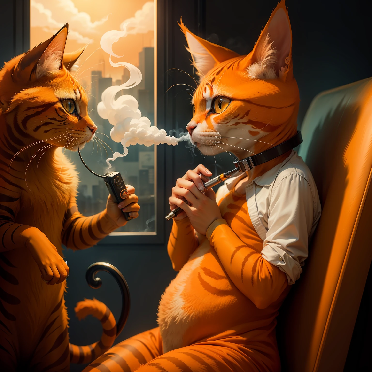 Surrealism An orange cat smoking an e-cigarette