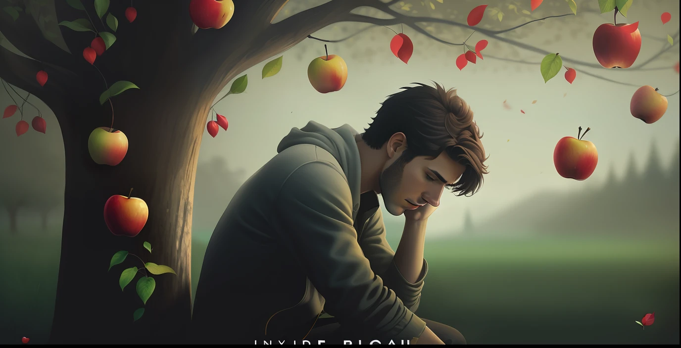 There's a man sitting under a tree with apples falling from it, beautiful cinematic poster, photo manipulation, arte chave, personagem do cartaz do filme, arte conceitual emocional, moody emotional cinematic, kerem beyit, inspirado em Cyril Rolando, cinematic poster, wallpaper mobile, homem triste, No estilo de Cyril Rolando, cidra-homem, Sidra - Homem, arte do cartaz promocional