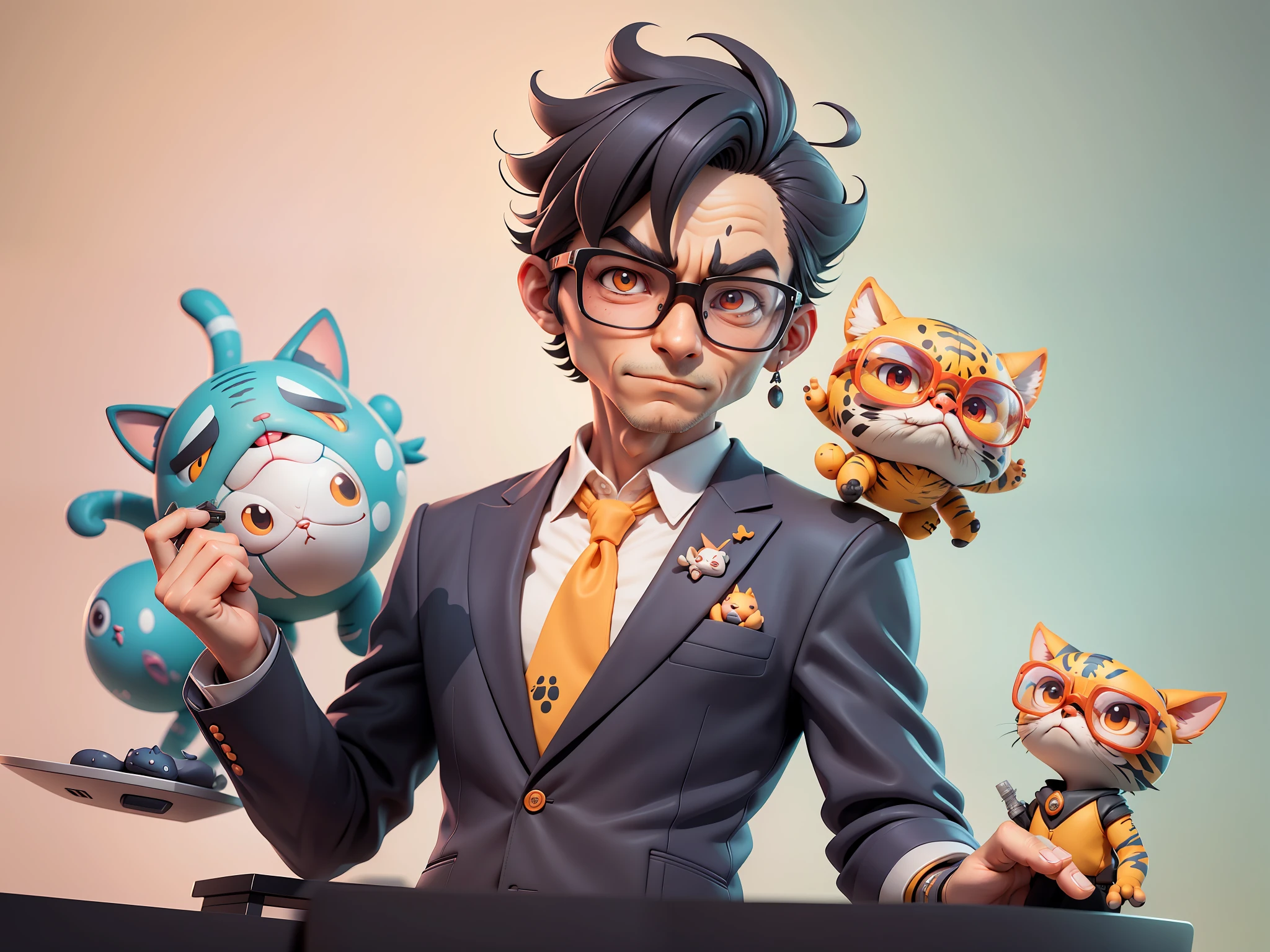 A young man in a suit, Short hair and glasses sat at his desk,holding laptop,digitial painting,tigre,3D character design by Mark Clairen and Pixar and Hayao Miyazaki and Akira Toriyama,4K HD illustration,Very detailed facial features and cartoon-style visuals。