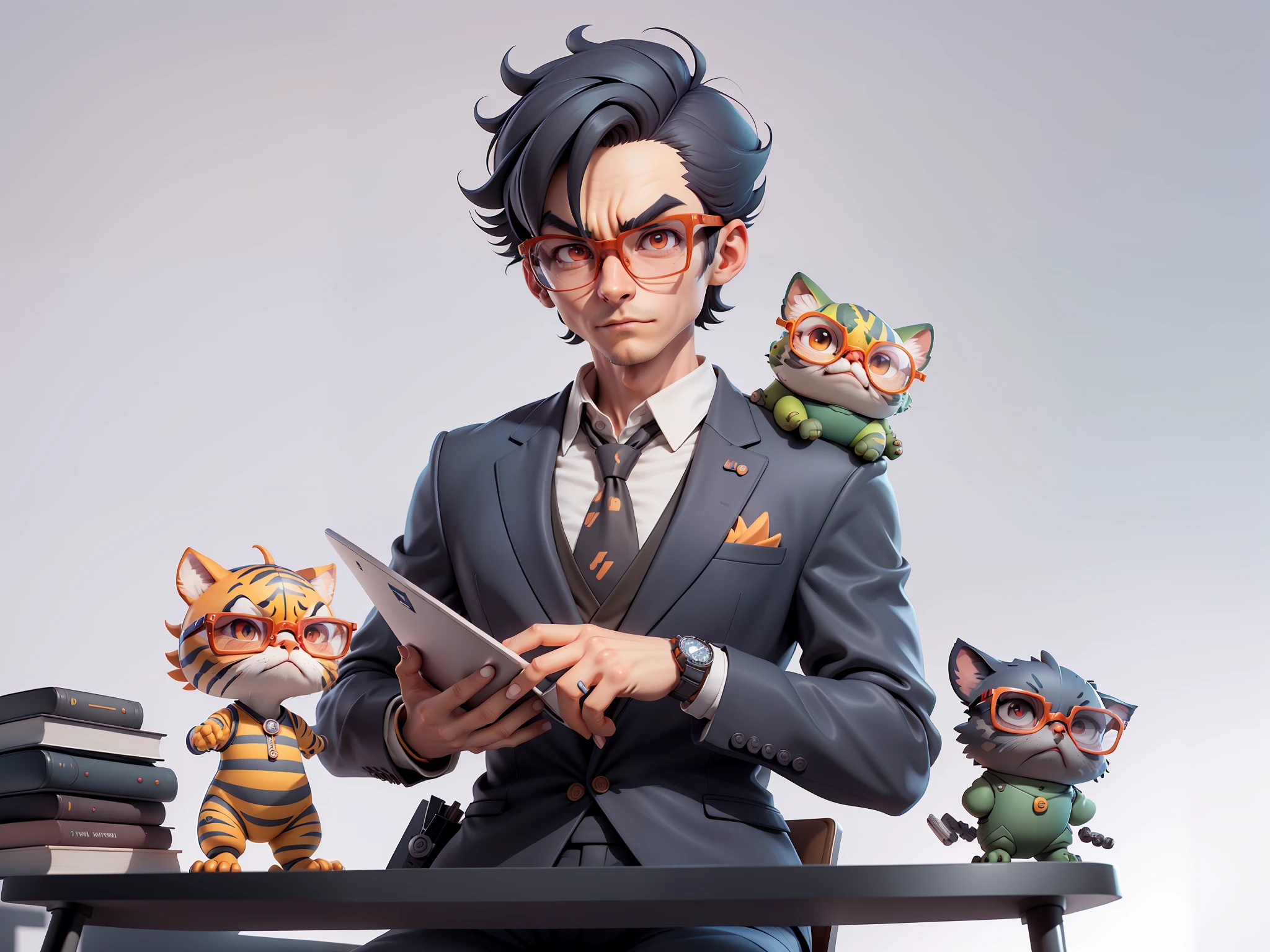 A young man in a suit, Short hair and glasses sat at his desk,holding laptop,digitial painting,tigre,3D character design by Mark Clairen and Pixar and Hayao Miyazaki and Akira Toriyama,4K HD illustration,Very detailed facial features and cartoon-style visuals。