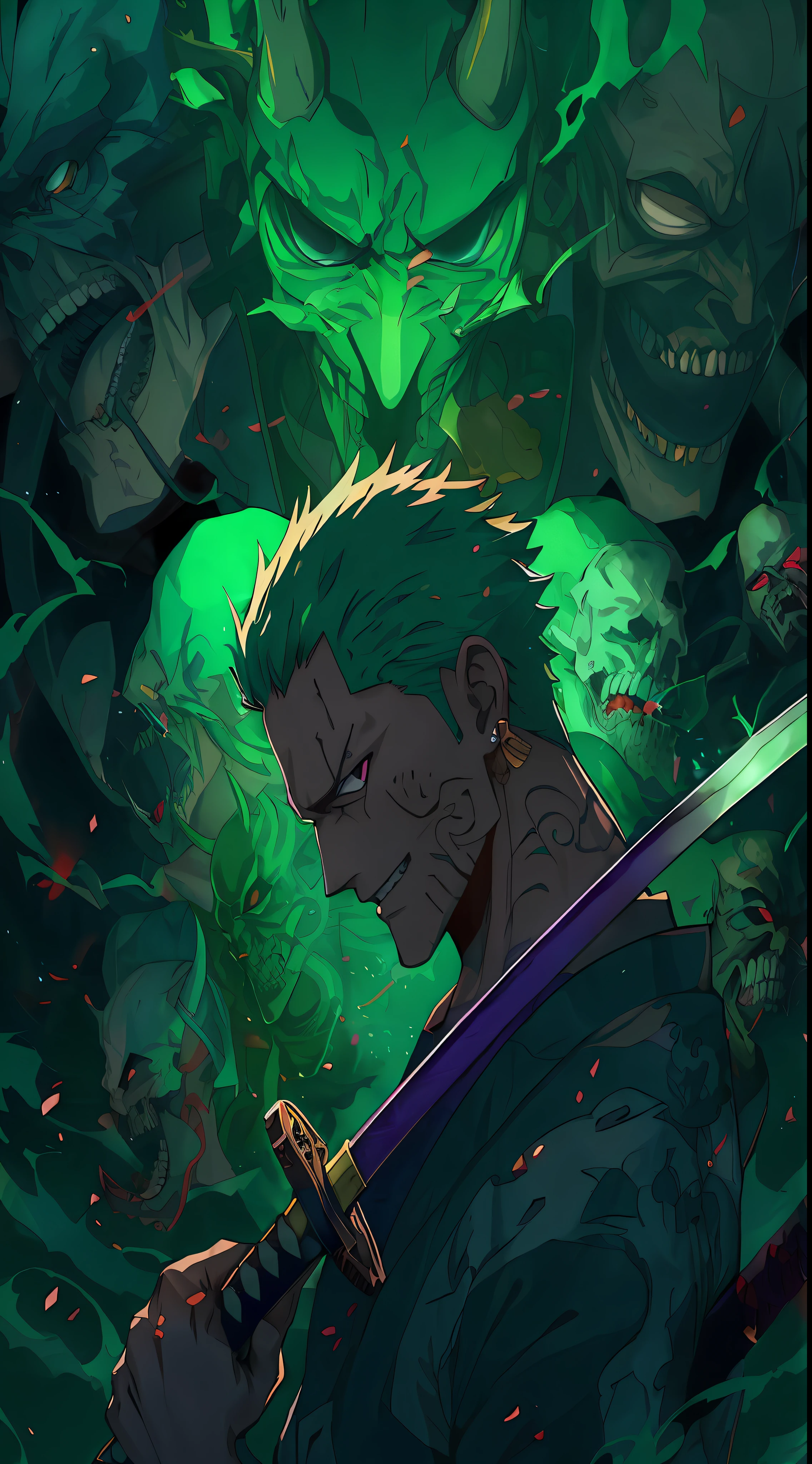 anime character with green hair holding a sword surrounded by skulls, roronoa zoro, badass anime 8 k, anime epic artwork, demon slayer artstyle, anime art wallpaper 4 k, anime art wallpaper 4k, 4k anime wallpaper, anime wallpaper 4 k, anime wallpaper 4k, anime art wallpaper 8 k, 4 k manga wallpaper, anime wallaper