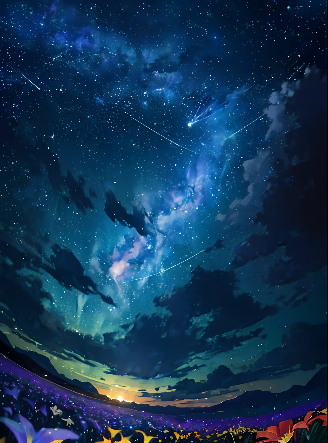 (zoomed out:1.1), (meteor shower:1.2), (comet:1.1), low angle, aroura borealis, shooting star, best quality, masterpiece, cloud, colorful, starry, stars, night, flower field, flower blossom, night sky, beautiful flowers, night theme,