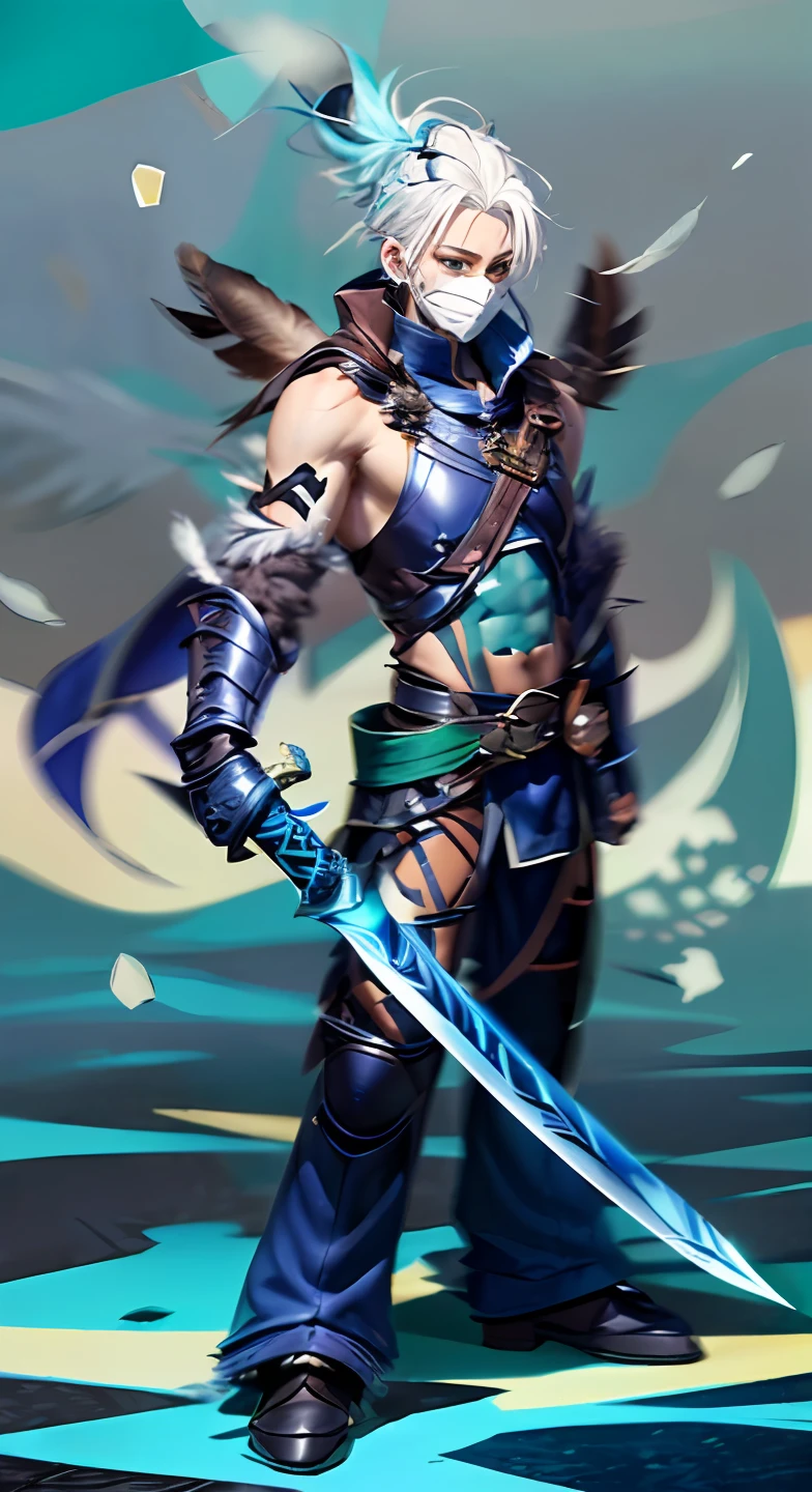 Close-up of a man holding a sword on a blue surface, deathknight, chrono trigger guilty gear style, masamune, johnny silverhand, 2 d sprites, cyborg necromancer, berserk skullknight black armor, Intricate assasin armor, style of ghost blade, style of duelyst, Katana Zero video game character, Barbed metal armor, ((Mastpicek)), ((Best quality), 8 k'', High detail, super super detail, rich details​,(((Man))),((A man in white armor)), ((White hair)), Shoulder pads,((((There are brown feathers on the shoulders)))) , (((Blue sword in hand))), Blue hair, Blue pants, ((Flying snow)), Proud, Leather pants,((Mask on the face))((Hands at your sides)),(((Brown shoulder pads))),((blue hair ornament)),((Green belt)),((Green gemstone at the navel position)，((There is a normal blue pattern on the ground))