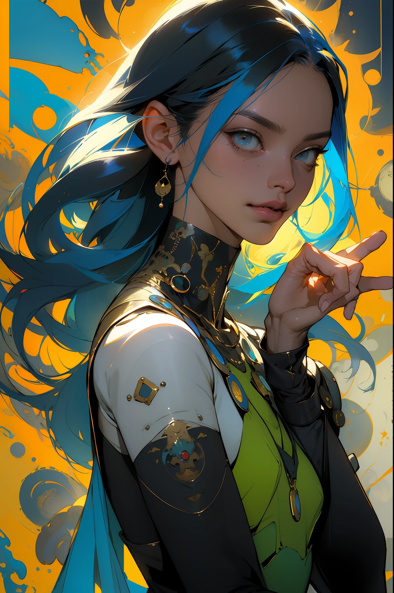 No estilo do futurismo cyberpunk, garota sorridente, African influence, etam cru, azul claro e dourado, Michael Creese, Steelpunk, Michael Hussar, fundo branco, tatuagem por todo o corpo, melhor qualidade, alta qualidade, foto editorial, absurdres, obra-prima, detalhe intrincado, grain of film, suas delicadas faculdades humanas seguram as notas ilustradas 2D, detalhe 4k, passo a passo