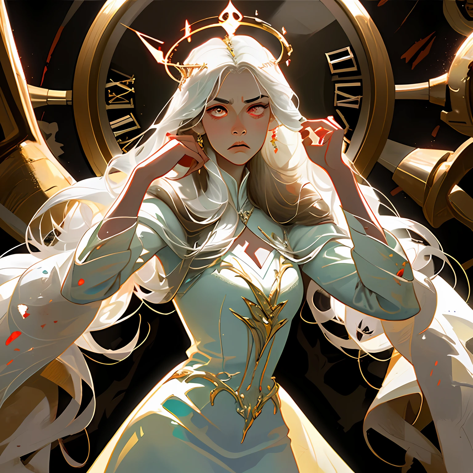 ultra-detailed representation,Infinitely detailed representation,Scenes of fatal blows,Full of mysterious and unforeseen forces. A woman goddess with super long white hair. Deadly red eyes. Victorian fantasy clothing sexy white dress. White clothes. Queen Goddess. Dead stare. Serene face irritation. Blood in the background. Crown like halo. a clock in the background. Angry face. battle, battle position. Blood on hands.