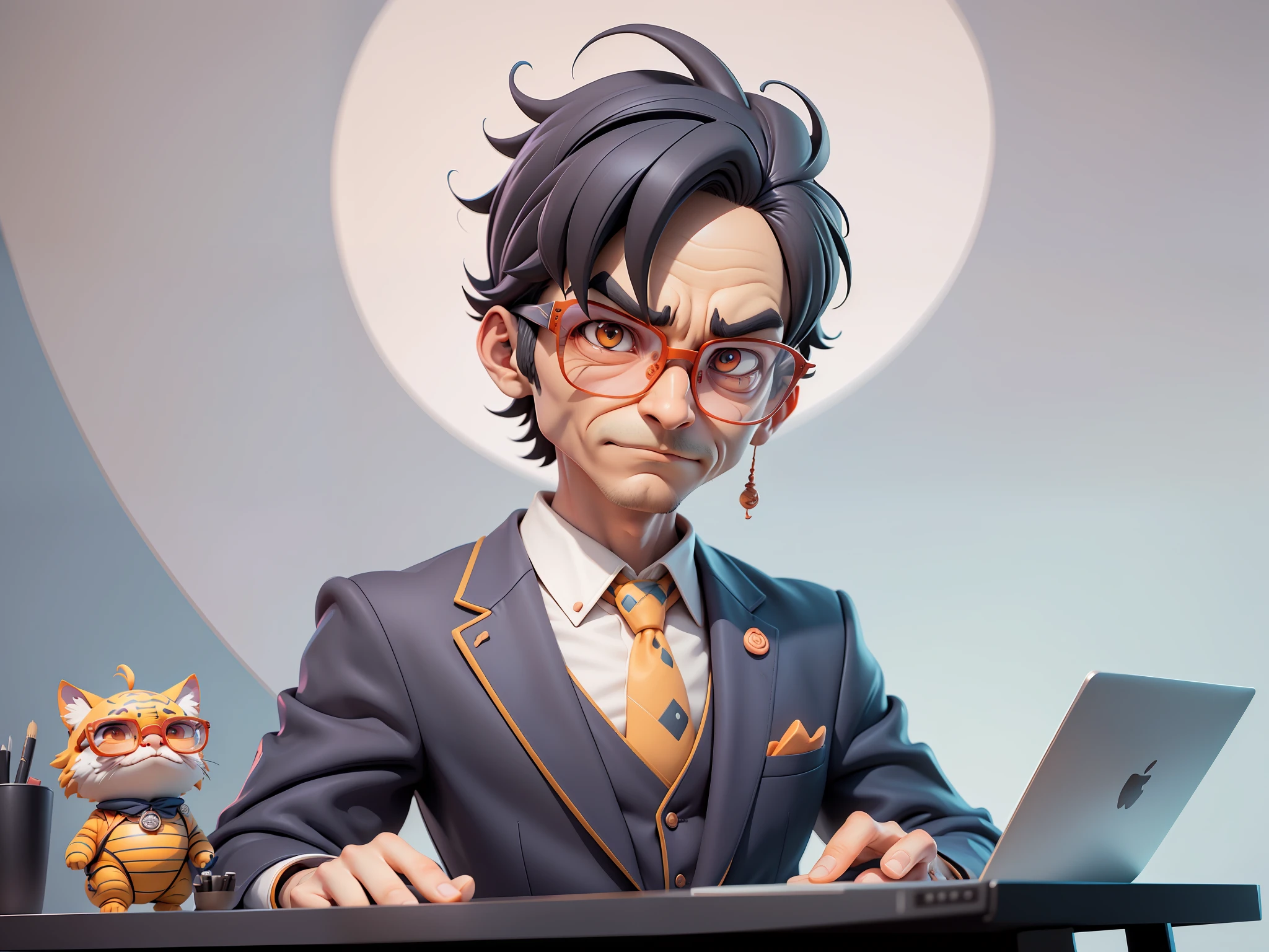 A young man in a suit, Short hair and glasses sat at his desk,holding laptop,digitial painting,tigre,3D character design by Mark Clairen and Pixar and Hayao Miyazaki and Akira Toriyama,4K HD illustration,Very detailed facial features and cartoon-style visuals。