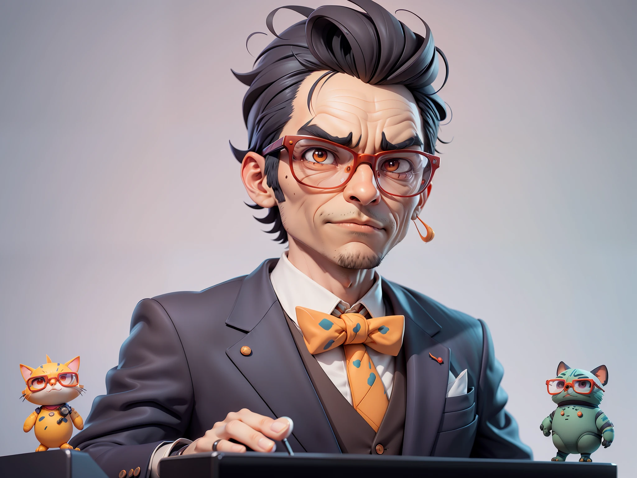 A young man in a suit, Short hair and glasses sat at his desk,holding laptop,digitial painting,tigre,3D character design by Mark Clairen and Pixar and Hayao Miyazaki and Akira Toriyama,4K HD illustration,Very detailed facial features and cartoon-style visuals。
