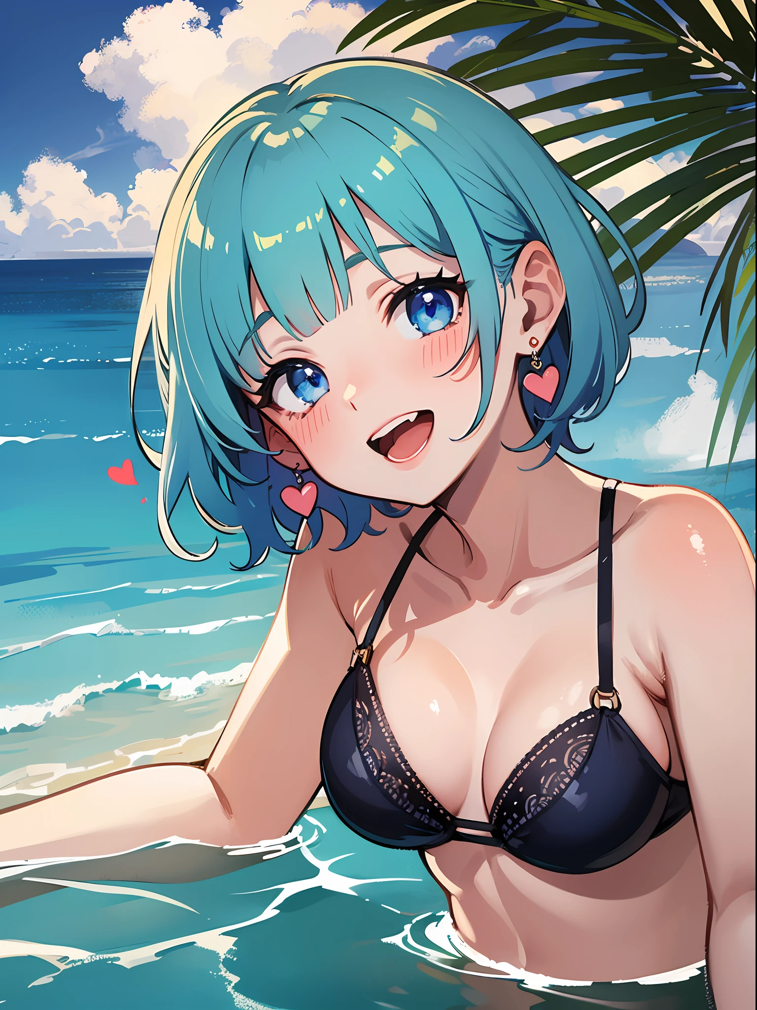 (masterpiece:1.3), (best quality:1.3), high resolution,
couboy shot,
leaning forward, body facing forward,
(one cute girl:1.3), solo,
white skin, small Breast, eight-headed person,
light blue hair, (bobbed hair:1.2), (short hair:1.2), (blunt bangs:1.2), beautiful hair, blue eyes, beautiful detailed eyes,
blush, open mouth, heart, cheerful smile,
bikini, earrings,
outdoors, ocean, beach,
shadowlighting,