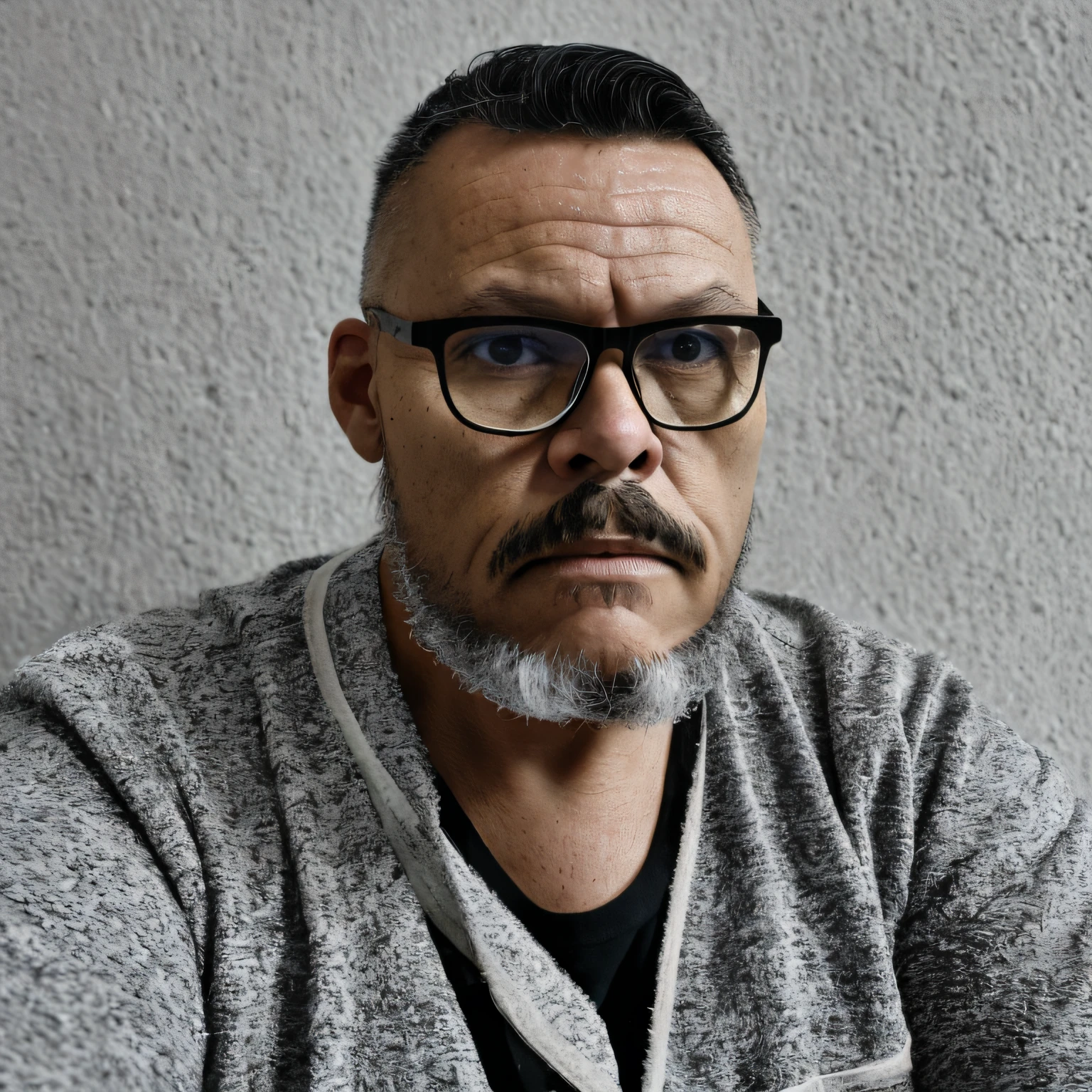 B&w portrait of a middle-aged man, (yellow eyes: 1.5), glasses, detailed skin face, expression wrinkles, (lumberjack style and gray beard: 1.5), (gray hair: 1.5), raw beige leather jacket, white T-shirt without print, stiff countenance. Ultra detailed scene, dslr camera with 50mm Lens, soft studio lighting, ((vignette))