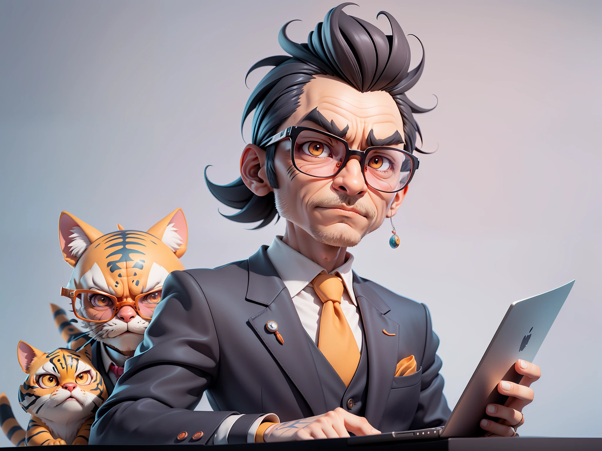 A young man in a suit, Short hair and glasses sat at his desk,holding laptop,digitial painting,tigre,3D character design by Mark Clairen and Pixar and Hayao Miyazaki and Akira Toriyama,4K HD illustration,Very detailed facial features and cartoon-style visuals。
