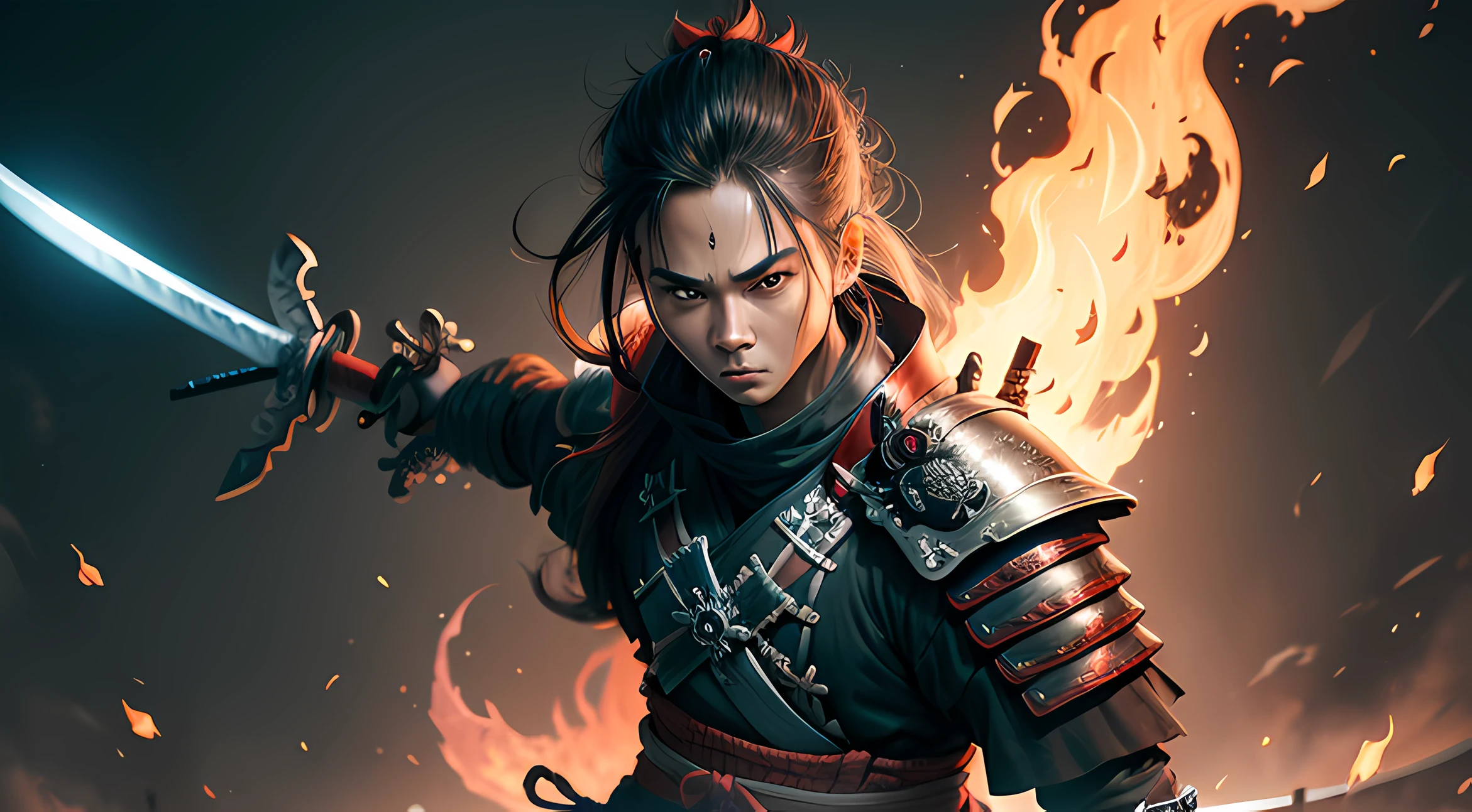 Human Samurai Sword Skull City on Fire