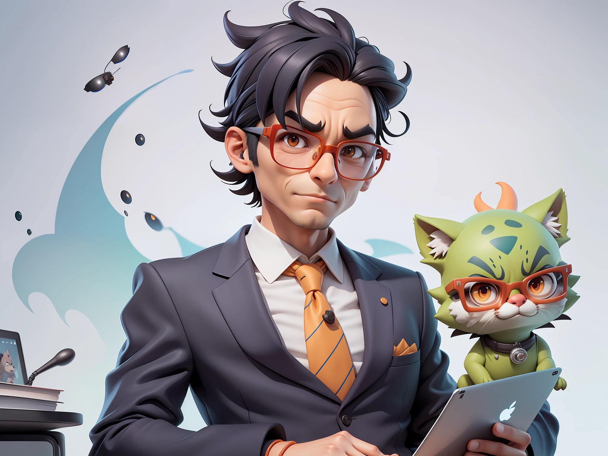 A young man in a suit, Short hair and glasses sat at his desk，holding laptop，digitial painting，tigre，3D character design by Mark Clairen and Pixar and Hayao Miyazaki and Akira Toriyama，4K HD illustration，Very detailed facial features and cartoon-style visuals。