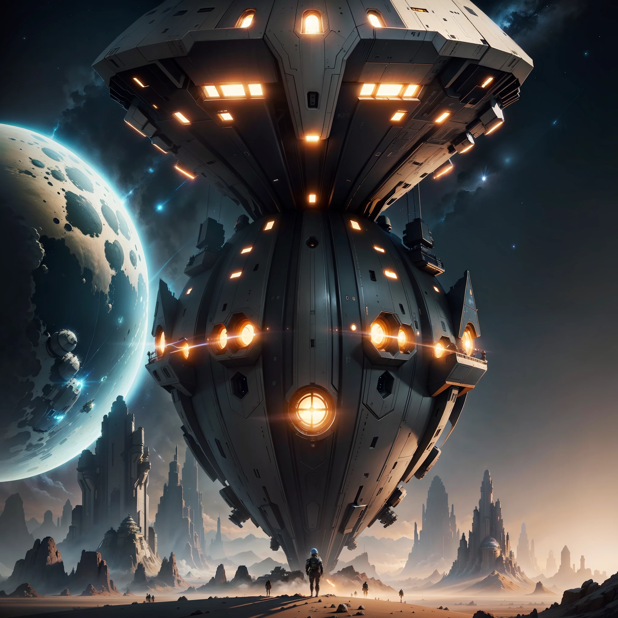 a futuristic space ship lifting off from the earth as a small 
group of people watch, 4k textures, hdr, intricate, highly detailed, sharp focus, cinematic look, hyperdetailed startling 
stories, cover art, illustration
