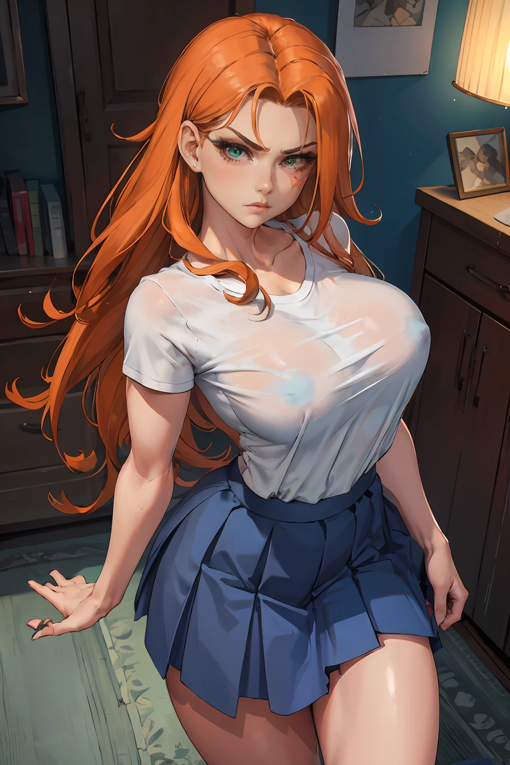 8k,masterpiece, bset quality,big, (1 girl), Kim Possible, green_eyes, orange hair, long hair, professional lighting, (shiny skin: 1.2), shiny big, ((best quality)), sharp focus: 1.2, highly detailed face and skin texture, detailed eyes, perfect face, perfect body, blur art, cg, background, Big breasts, presence (20yo, mature cool and beautiful face), wearing ((blue skirt), white taut shirt, thigh), blush, (mittgal), random pose, top view, perfect eye, angry face