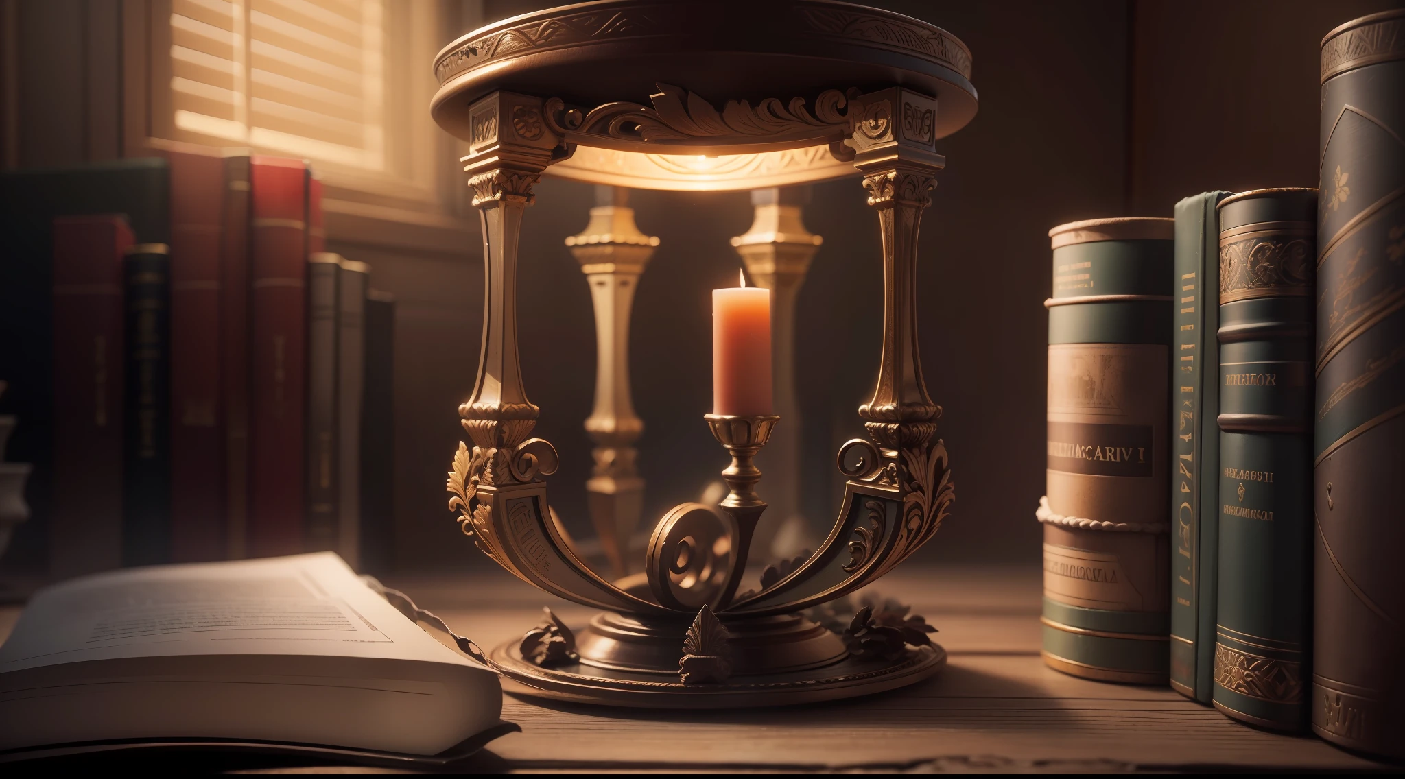 super high res, melhor qualidade, foto, 8k, (foto realista: 1.2), cinematic lighthing, Um pergaminho antigo , aberto sobre uma mesa de estudos antigos.