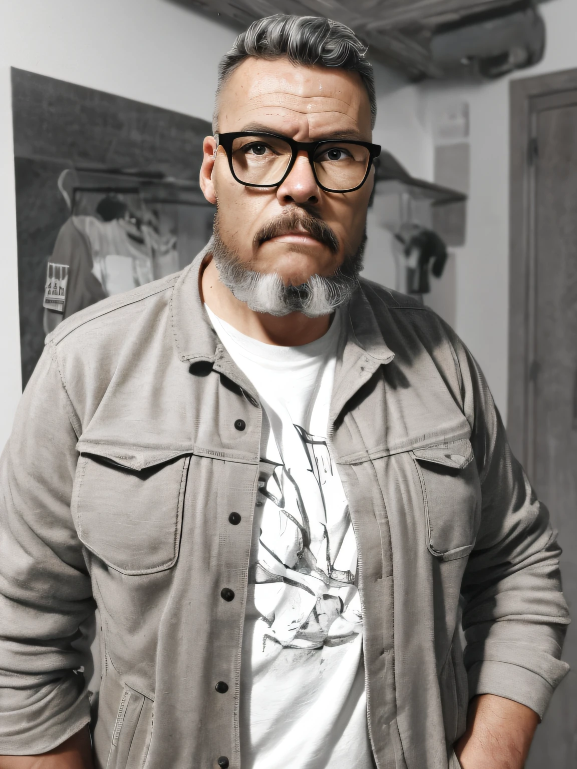 B&w portrait of a middle-aged man, (yellow eyes: 1.5), glasses, detailed skin face, expression wrinkles, (lumberjack style and gray beard: 1.5), (gray hair: 1.5), raw beige leather jacket, white T-shirt without print, stiff countenance. Ultra detailed scene, dslr camera with 50mm Lens, soft studio lighting, ((vignette))