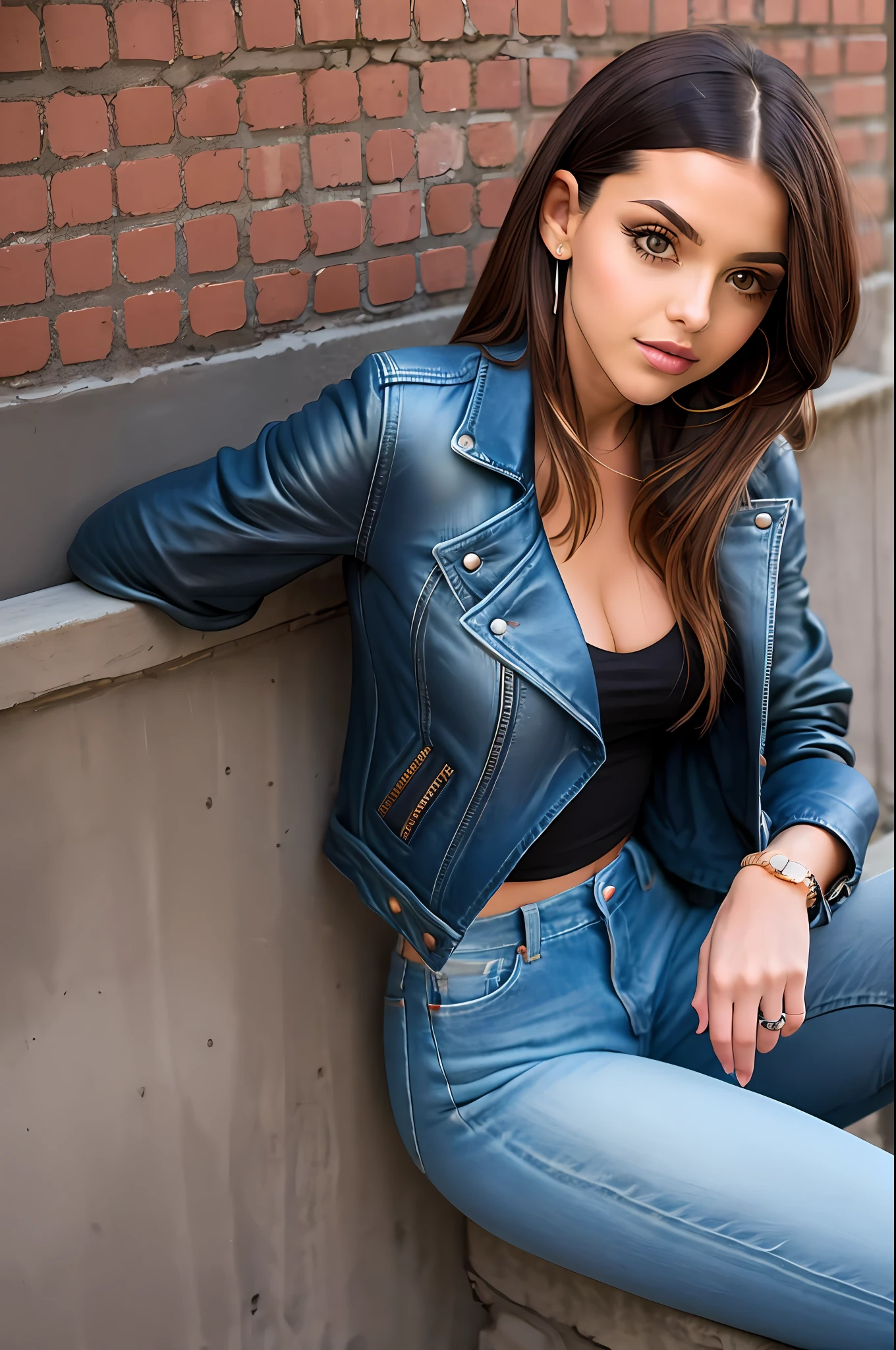 Arafed woman in black leather jacket sitting on a ledge, usando uma jaqueta de couro, ela usa jaqueta de couro, vestindo uma jaqueta de couro preta, usando jaqueta de couro, vestido em couro preto, vestindo uma jaqueta preta, vestindo couro, usando uma roupa de couro completa, jaqueta de couro e jeans, vestindo uma jaqueta preta extravagante, vestido com jaqueta de couro, imagem retrato, jaqueta de couro preta