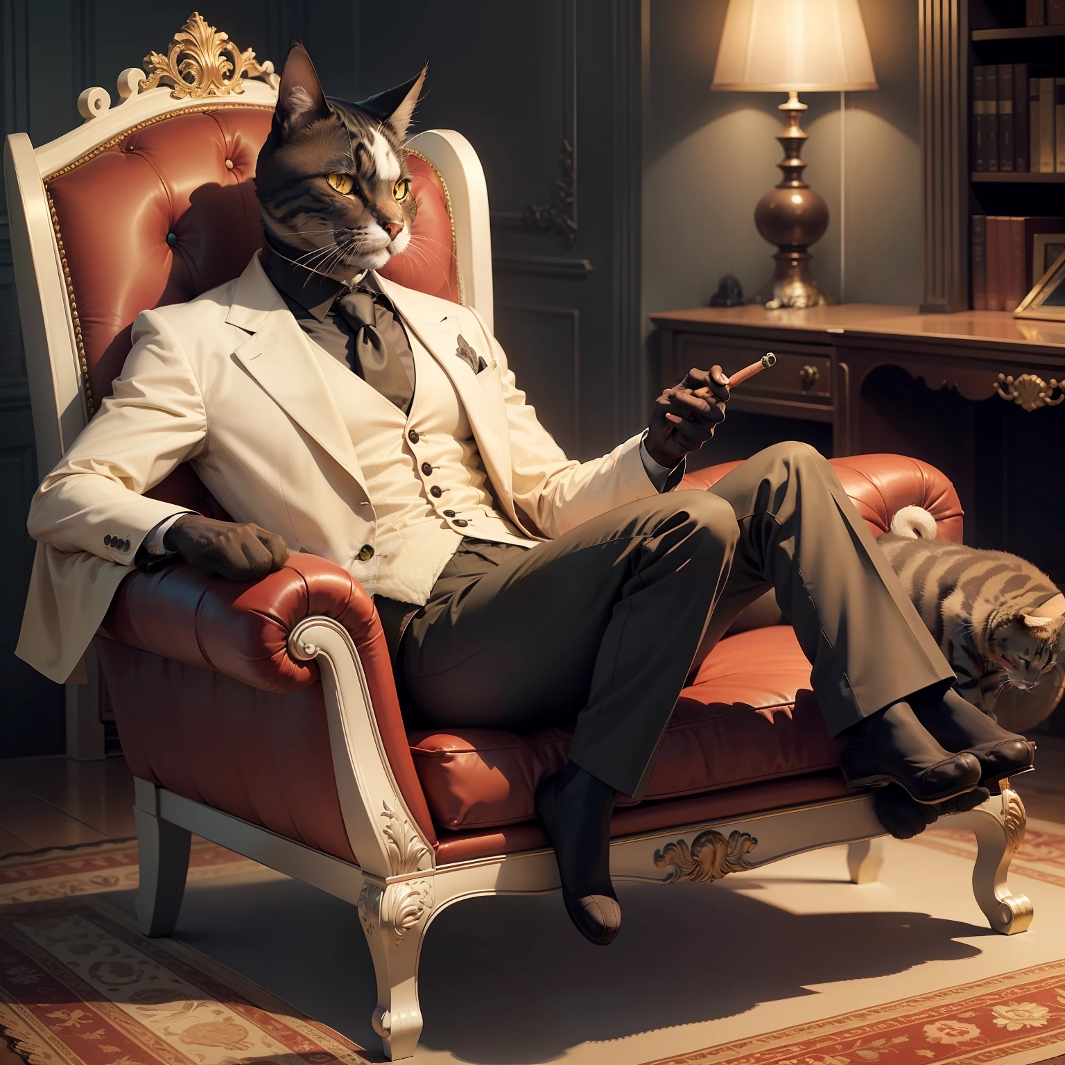 A cat with the temperament of a boss sits on a chaise longue smoking a cigar