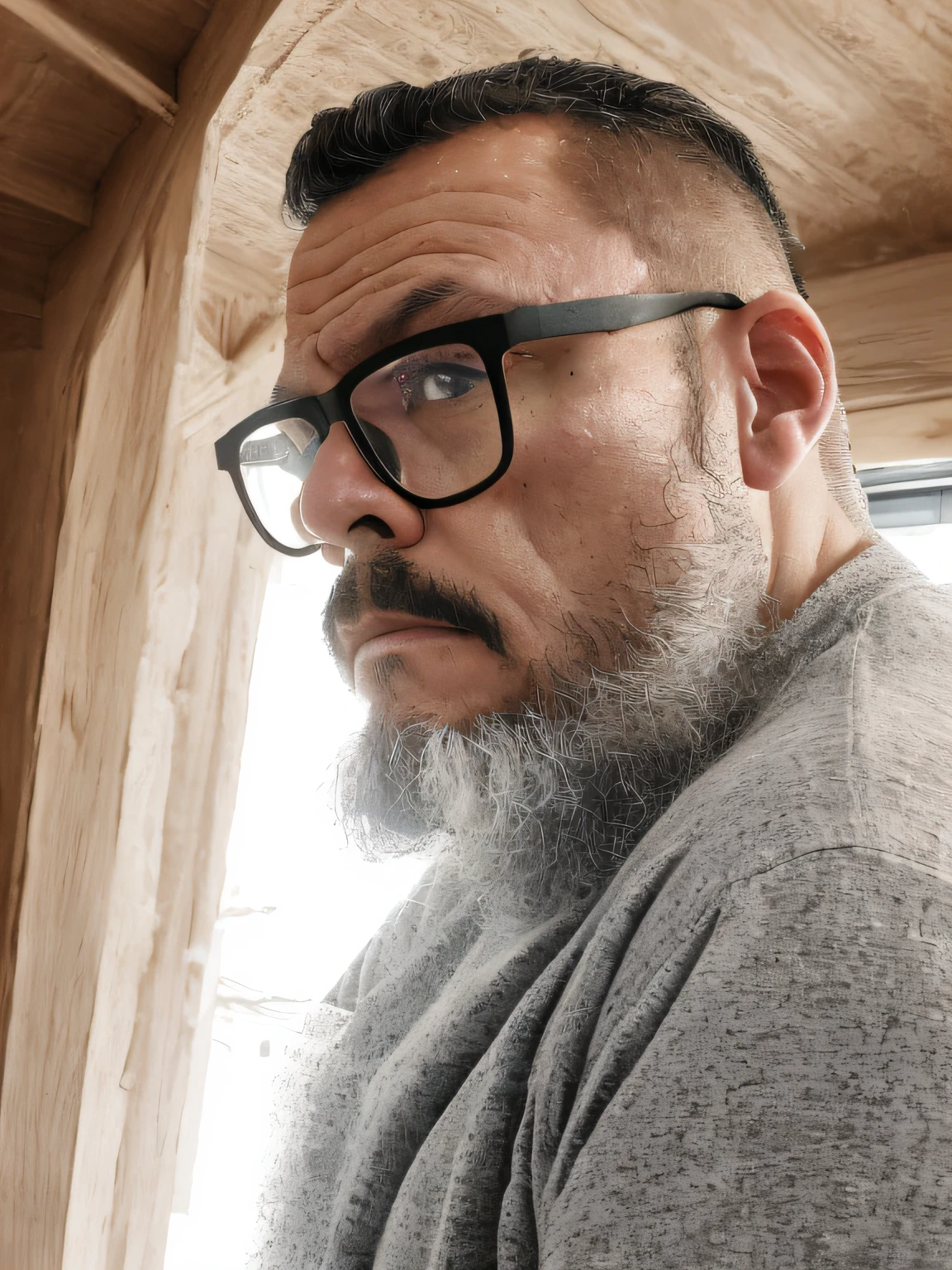 B&w portrait of a middle-aged man, (yellow eyes: 1.5), glasses, detailed skin face, expression wrinkles, (lumberjack style and gray beard: 1.5), (gray hair: 1.5), raw beige leather jacket, white T-shirt without print, stiff countenance. Ultra detailed scene, dslr camera with 50mm Lens, soft studio lighting, ((vignette))